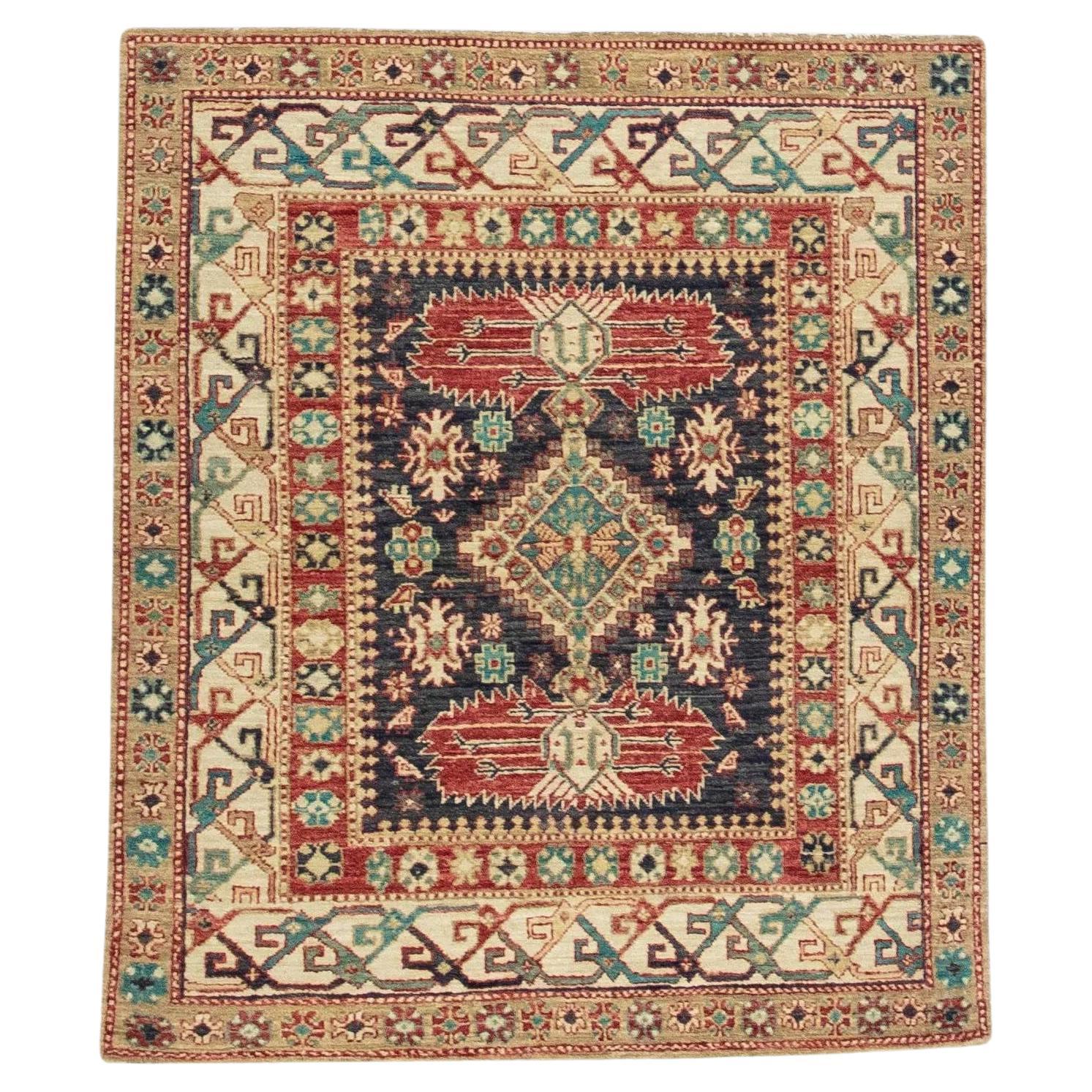 Red & Blue Handwoven Wool Turkish Oushak Rug 3'5" x 4'