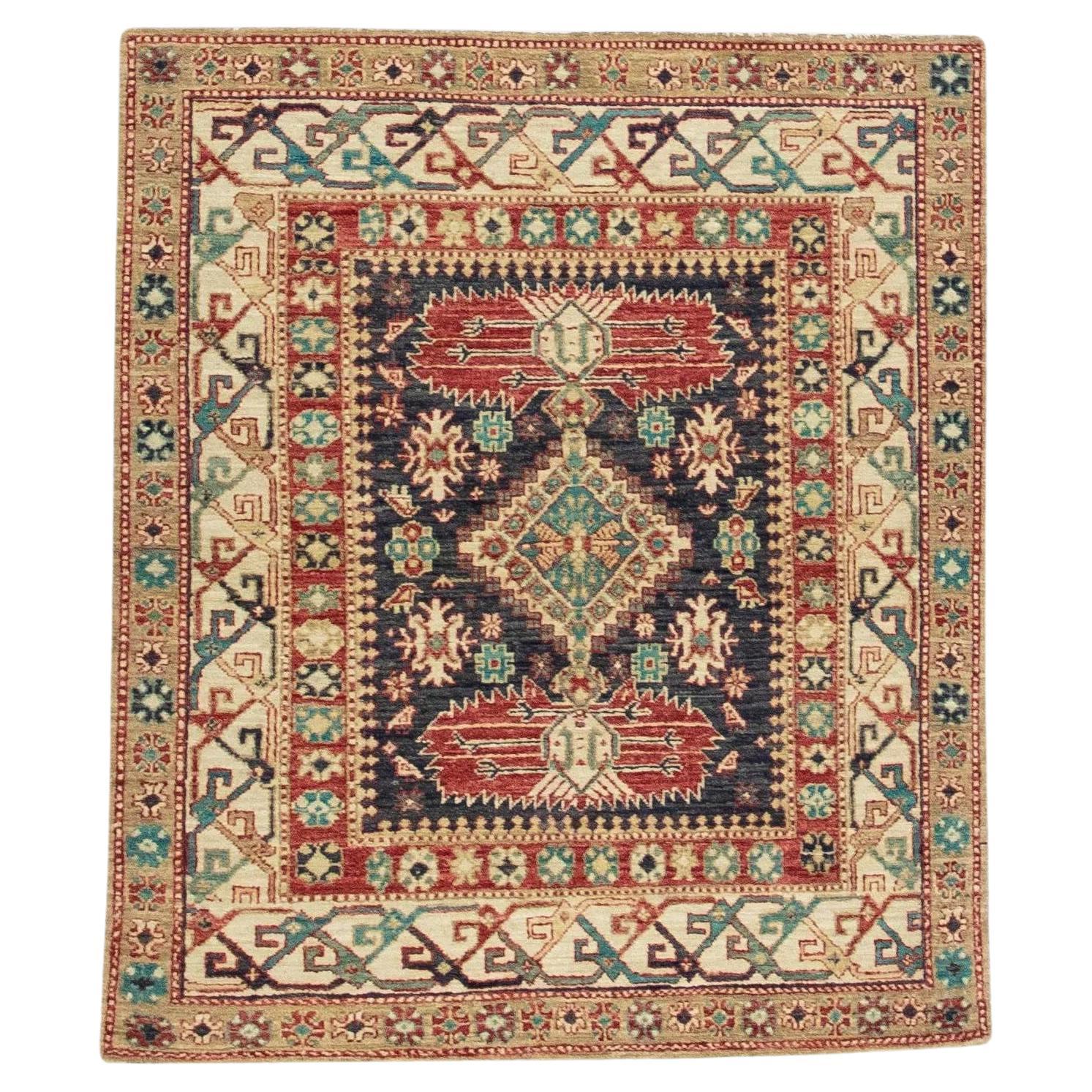 Red & Blue Handwoven Wool Turkish Oushak Rug 3'5" x 4' For Sale