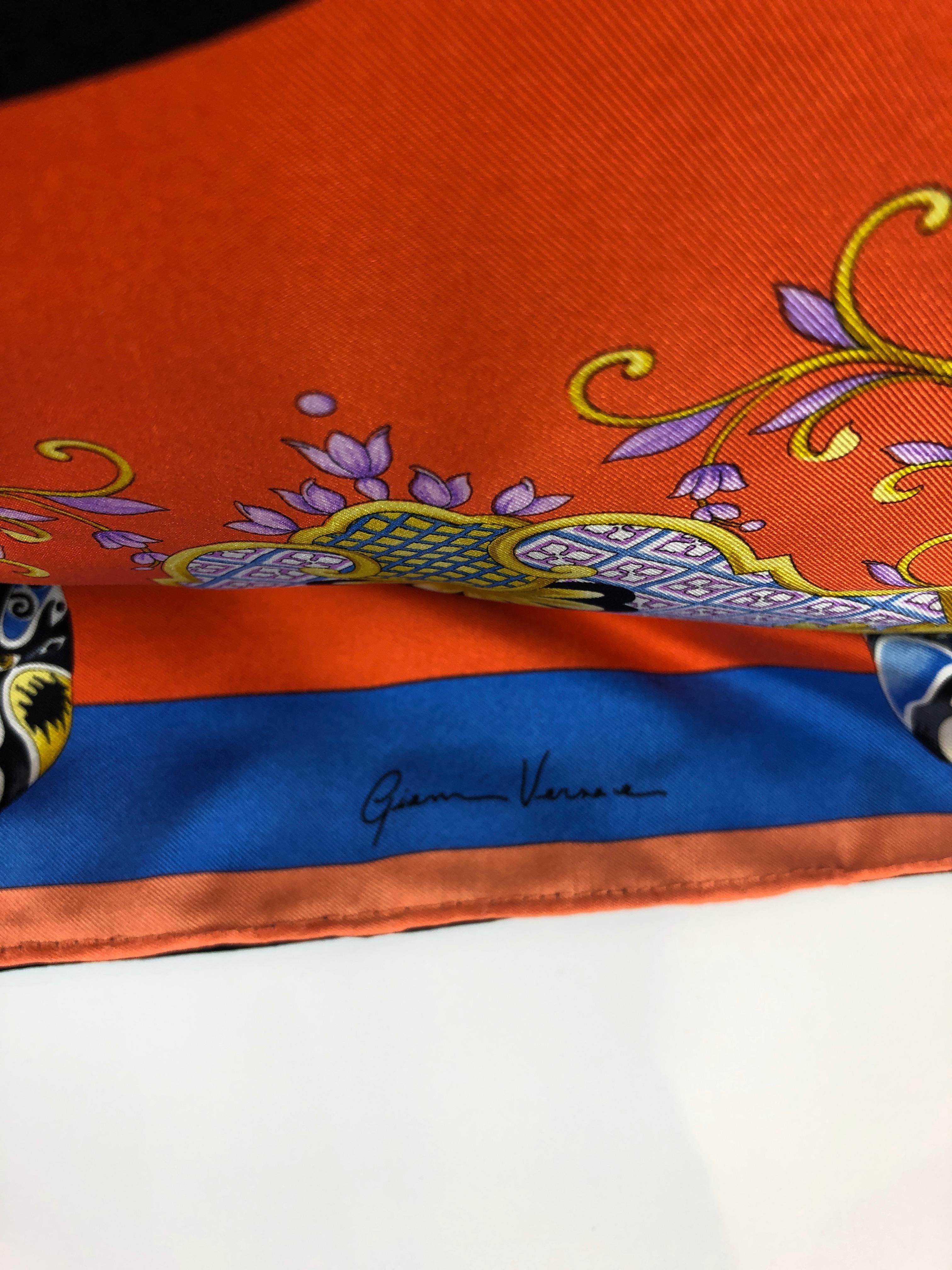 Red, Blue, Orange, Lilac, Green and Yellow Versace Silk Scarf Upholstered Pillow For Sale 5