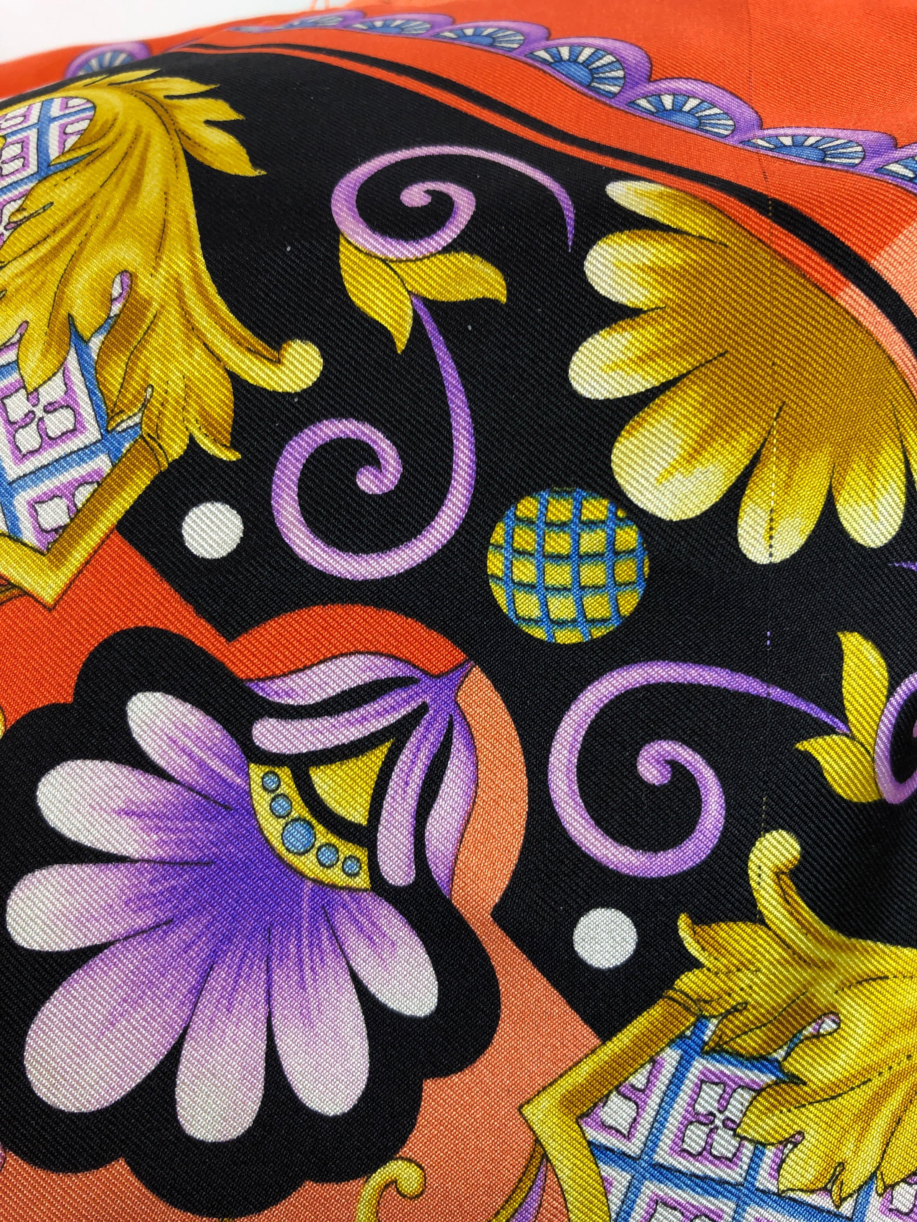 Red, Blue, Orange, Lilac, Green and Yellow Versace Silk Scarf Upholstered Pillow For Sale 8
