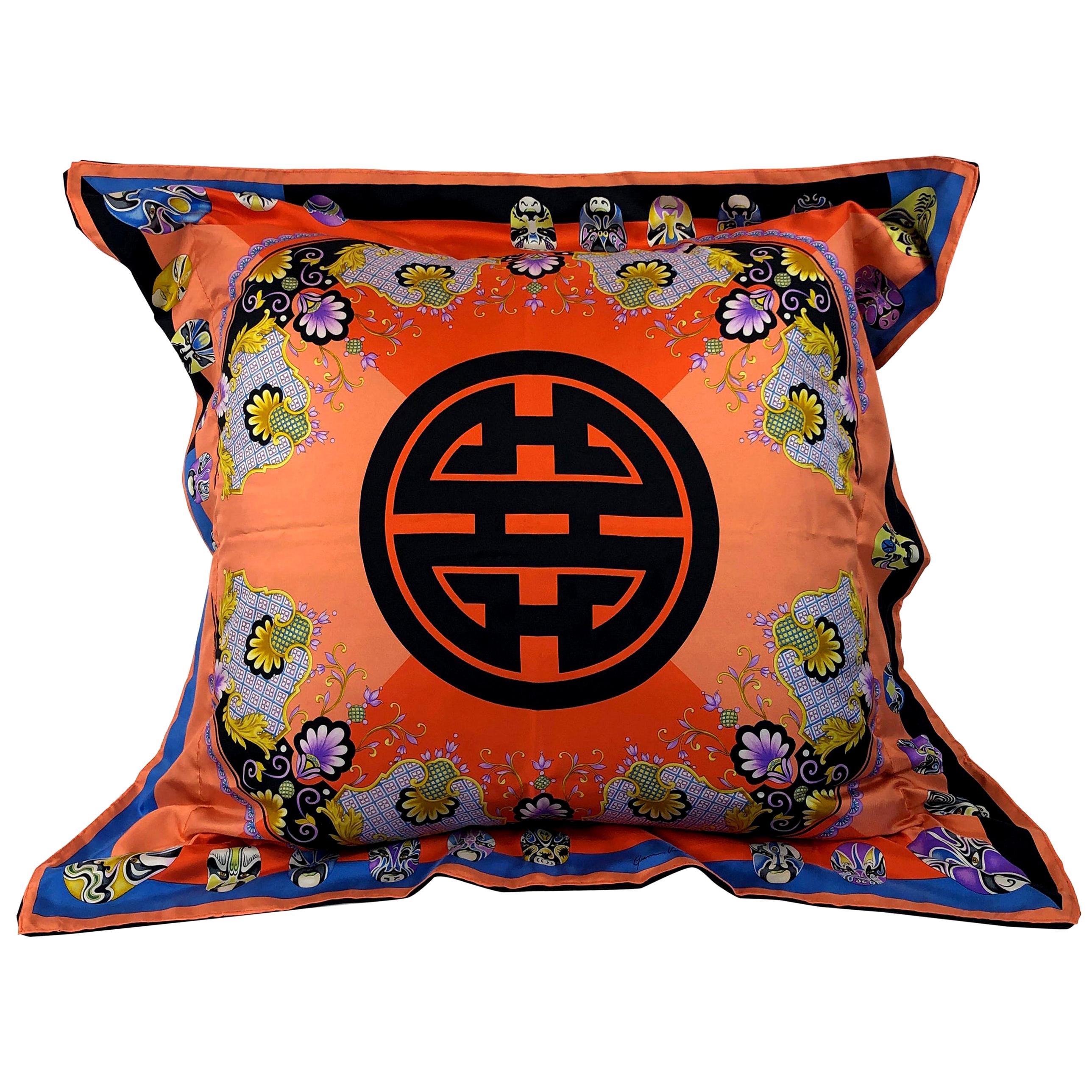 Red, Blue, Orange, Lilac, Green and Yellow Versace Silk Scarf Upholstered Pillow For Sale