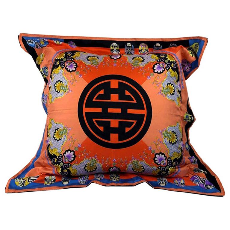Red, Blue, Orange, Lilac, Green and Yellow Versace Silk Scarf Upholstered Pillow For Sale