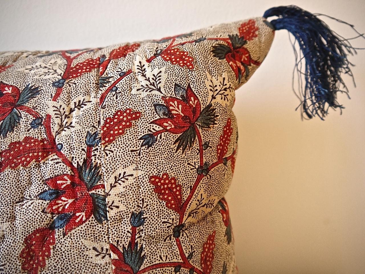 Cotton Red Blue Stylised Flowers Pillow with Indigo Tassels French 18th Century Antique