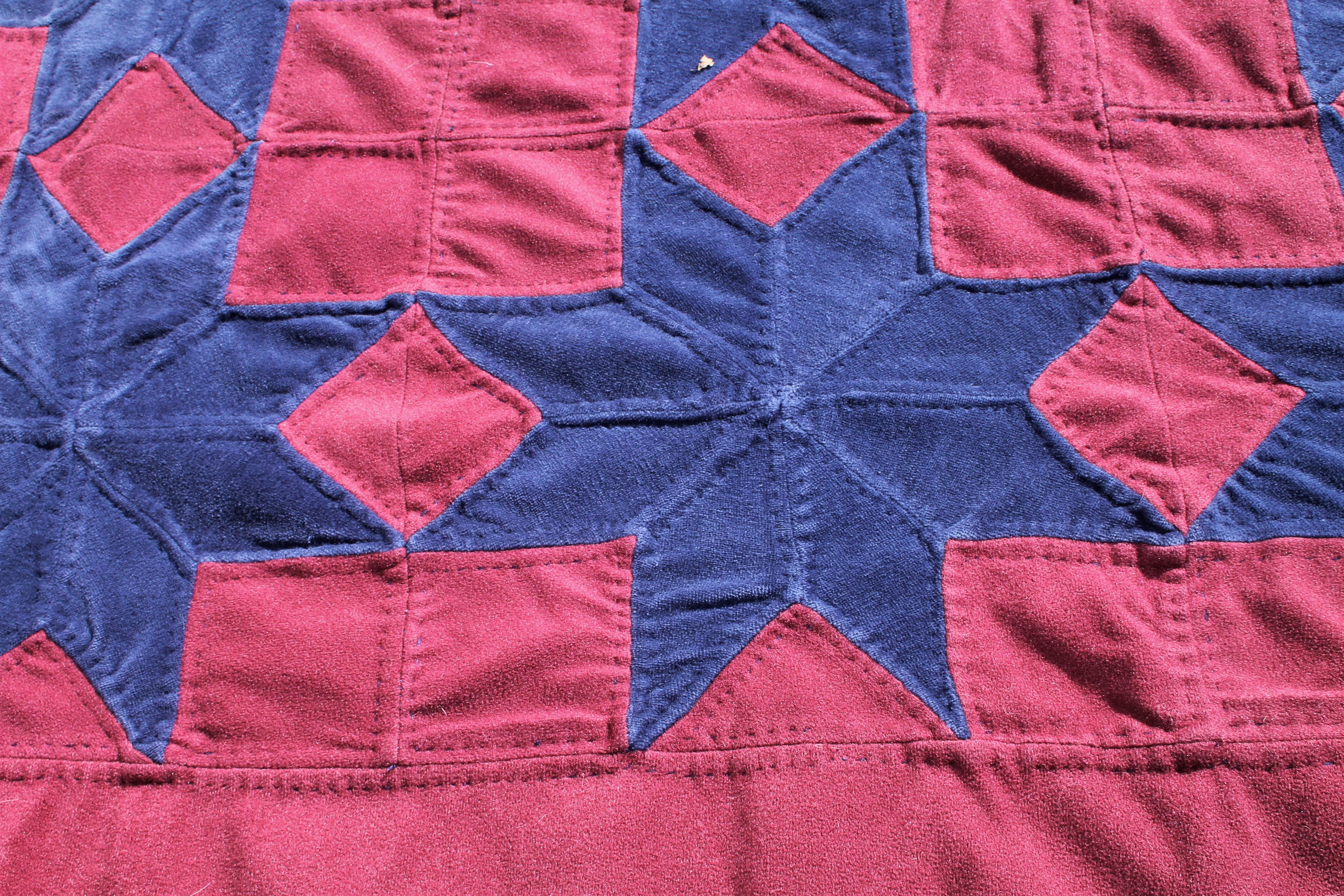 Hand-Crafted Red & Blue Velvet Stars Quilt For Sale