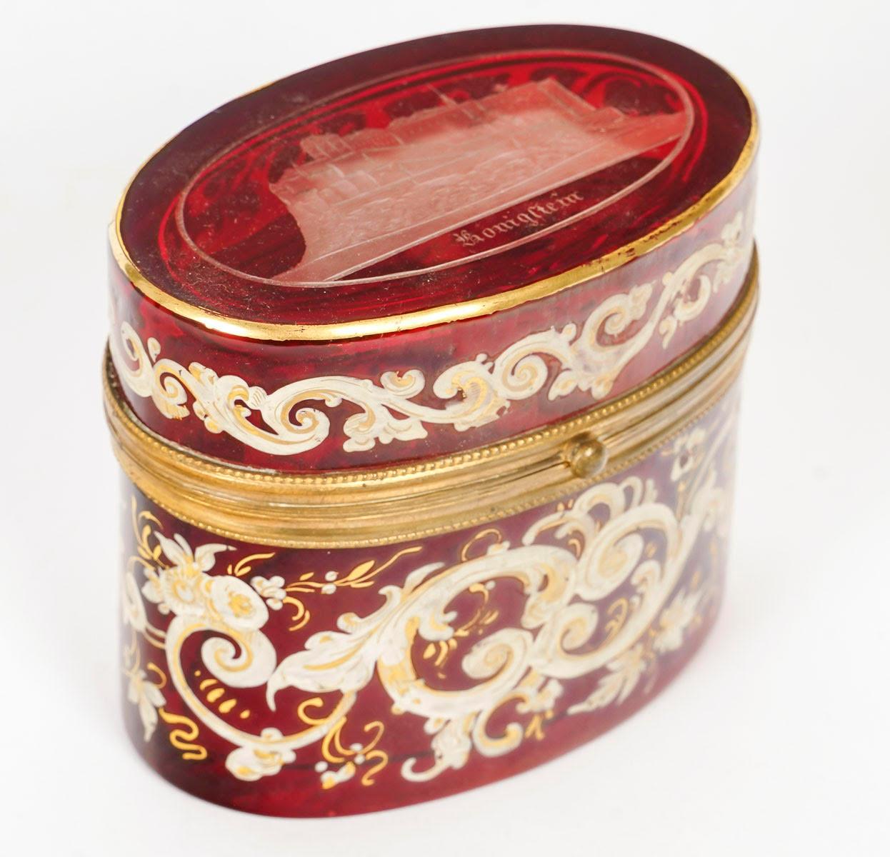 Red Bohemian crystal enamelled box, 19th century, Napoleon III period.

White and gold enamelled red Bohemian crystal case, brass mount, 19th century, Napoleon III period.
h: 9cm, w: 10cm, d: 6cm