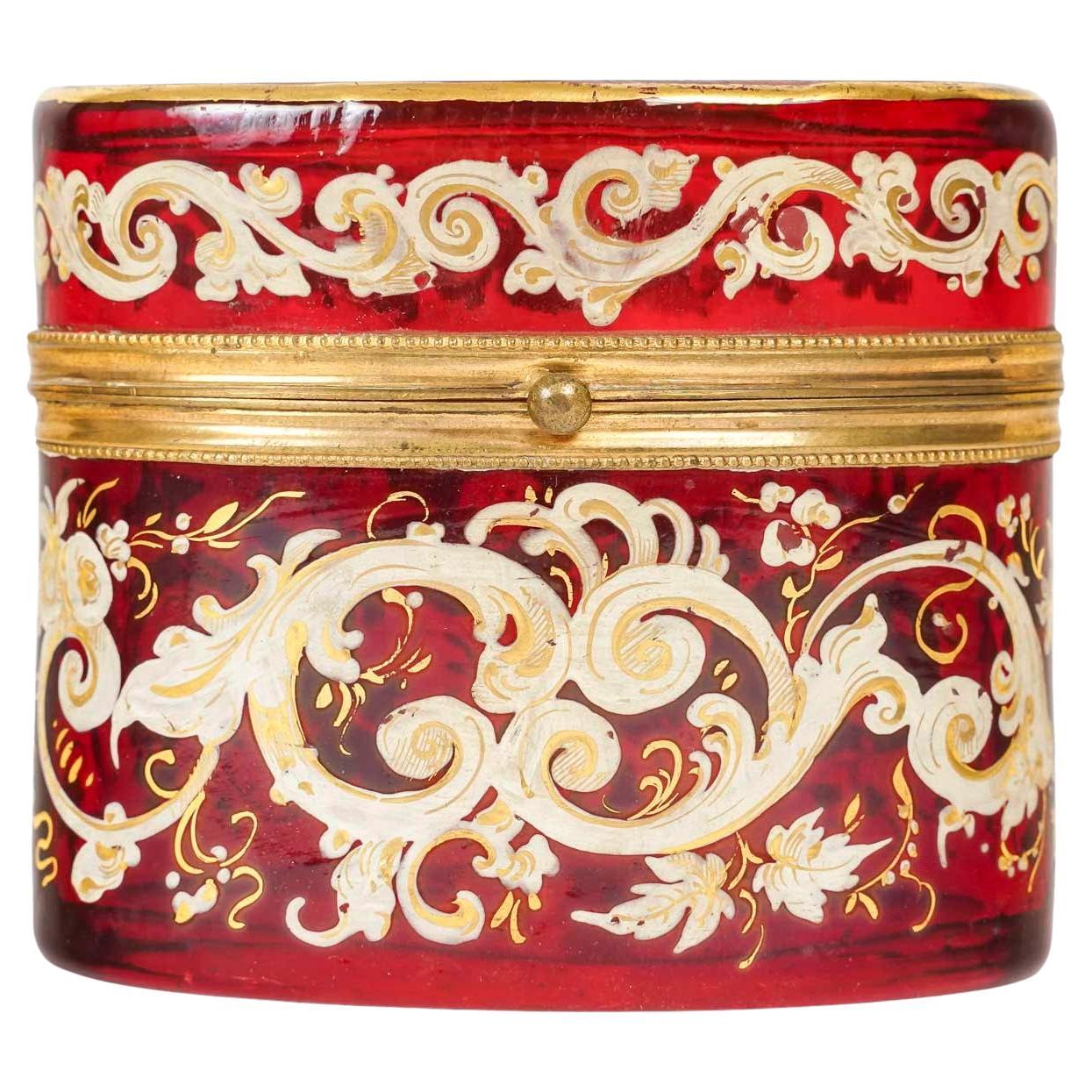 Red Bohemian Crystal Enamelled Box, 19th Century, Napoleon III Period. For Sale