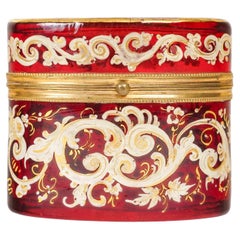 Red Bohemian Crystal Enamelled Box, 19th Century, Napoleon III Period.