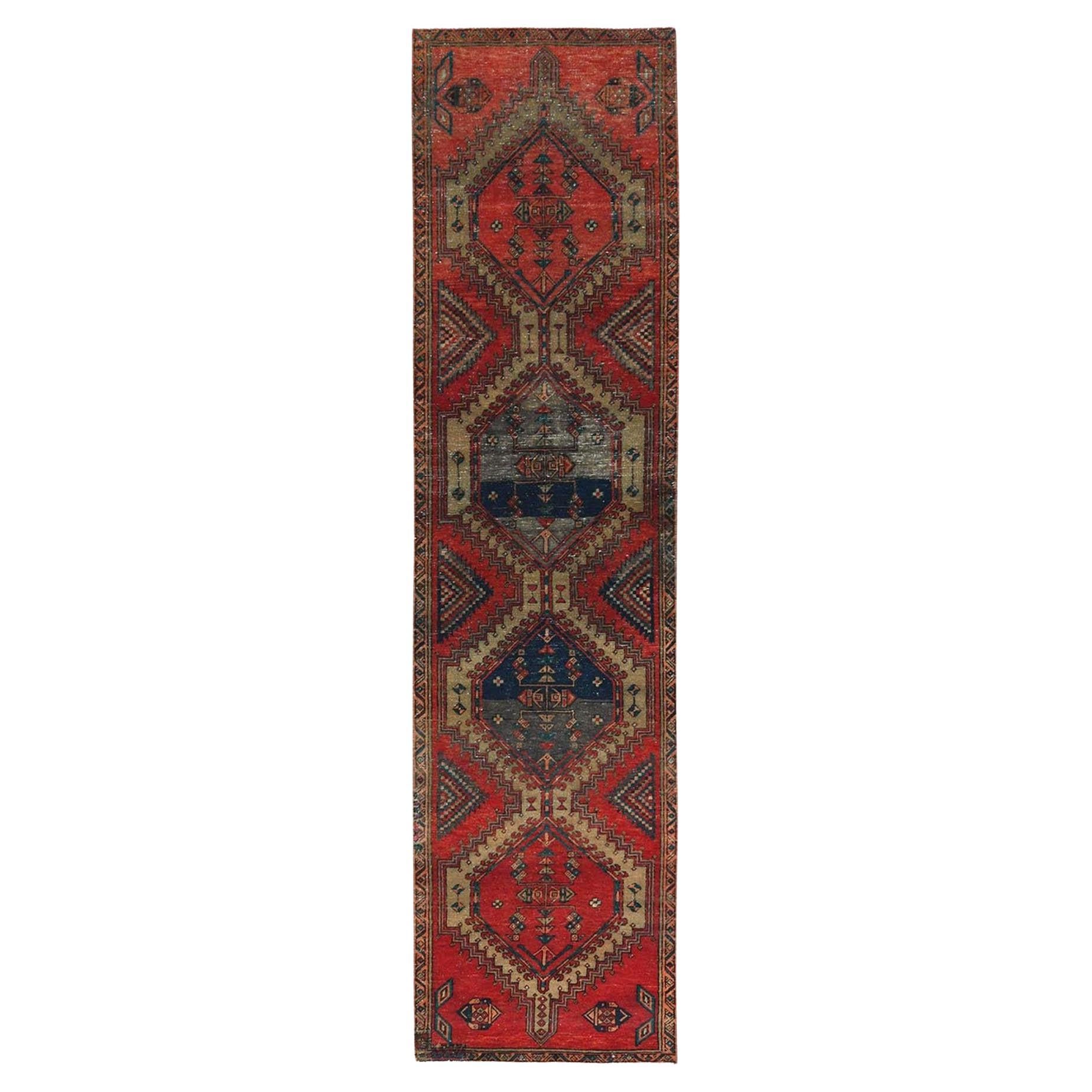 Red Bohemian Vintage Northwest Persian Abrash Clean Hand Knotted Wool Runner Rug