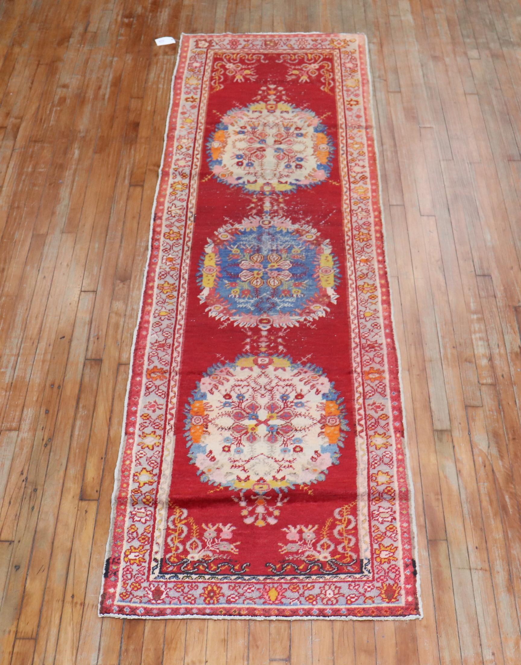 Turkish Red Bohemian Vintage Oushak Runner For Sale