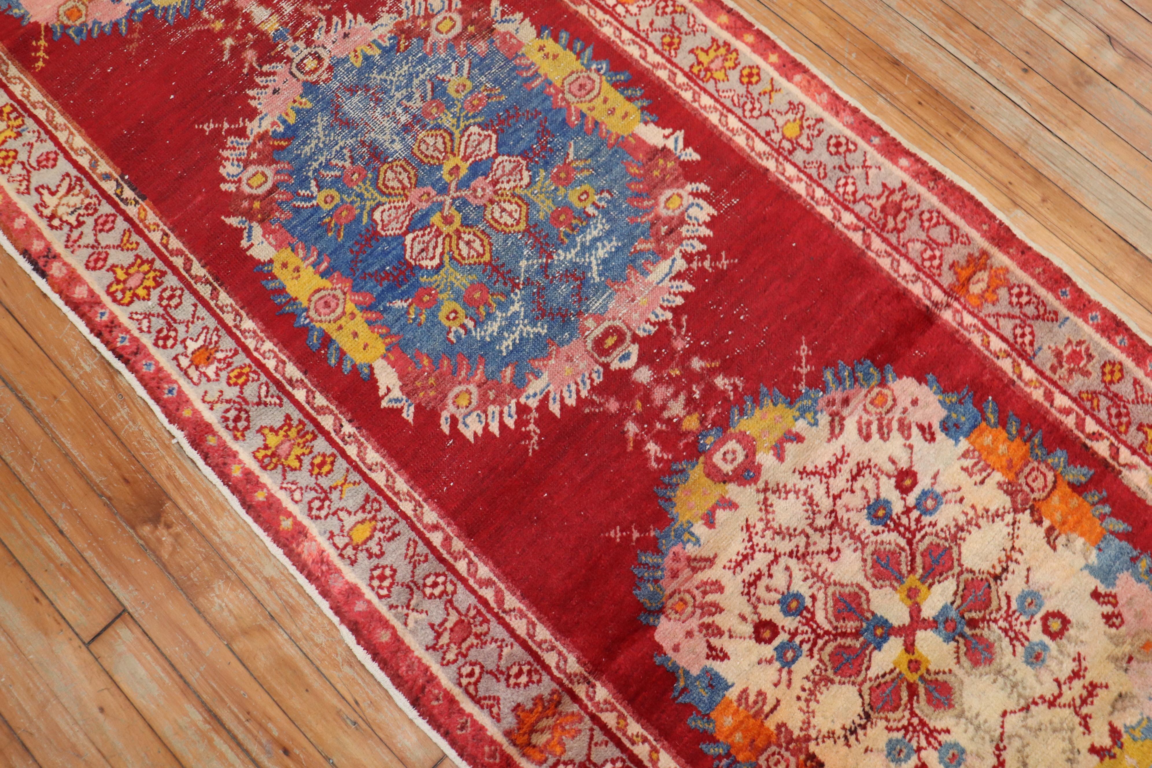 Hand-Knotted Red Bohemian Vintage Oushak Runner For Sale