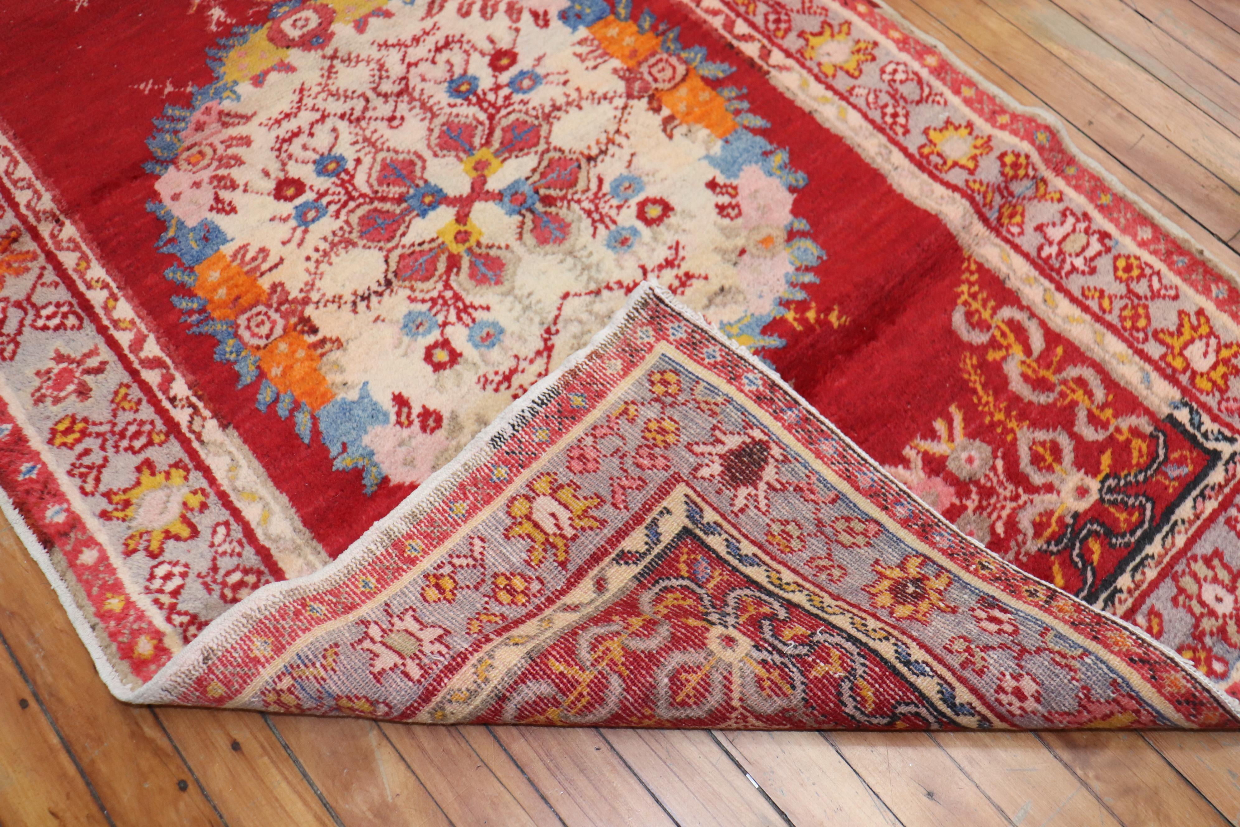 Red Bohemian Vintage Oushak Runner In Fair Condition For Sale In New York, NY