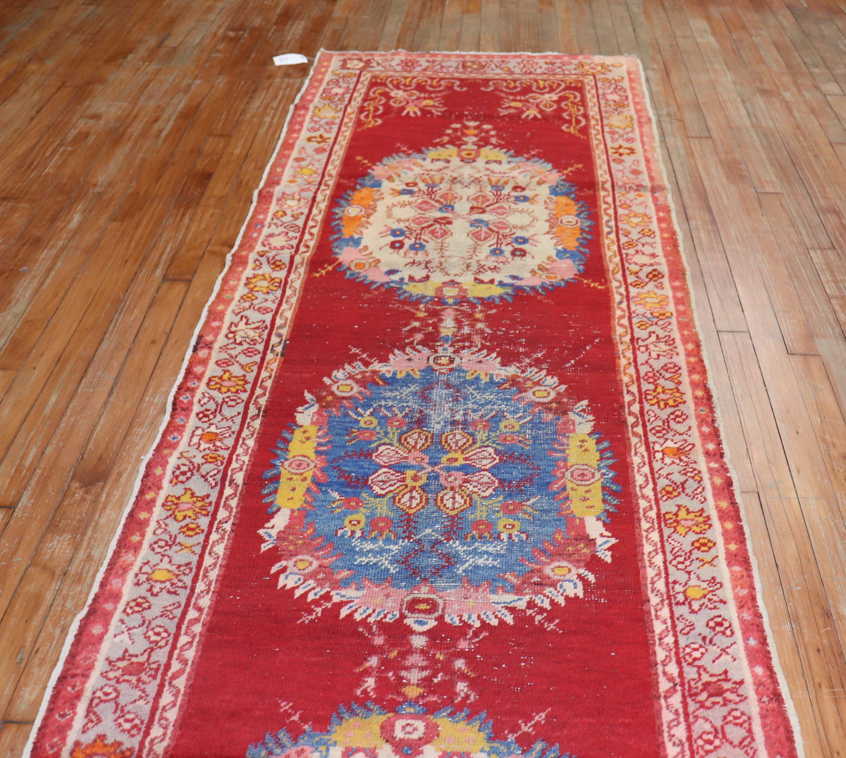 Wool Red Bohemian Vintage Oushak Runner For Sale