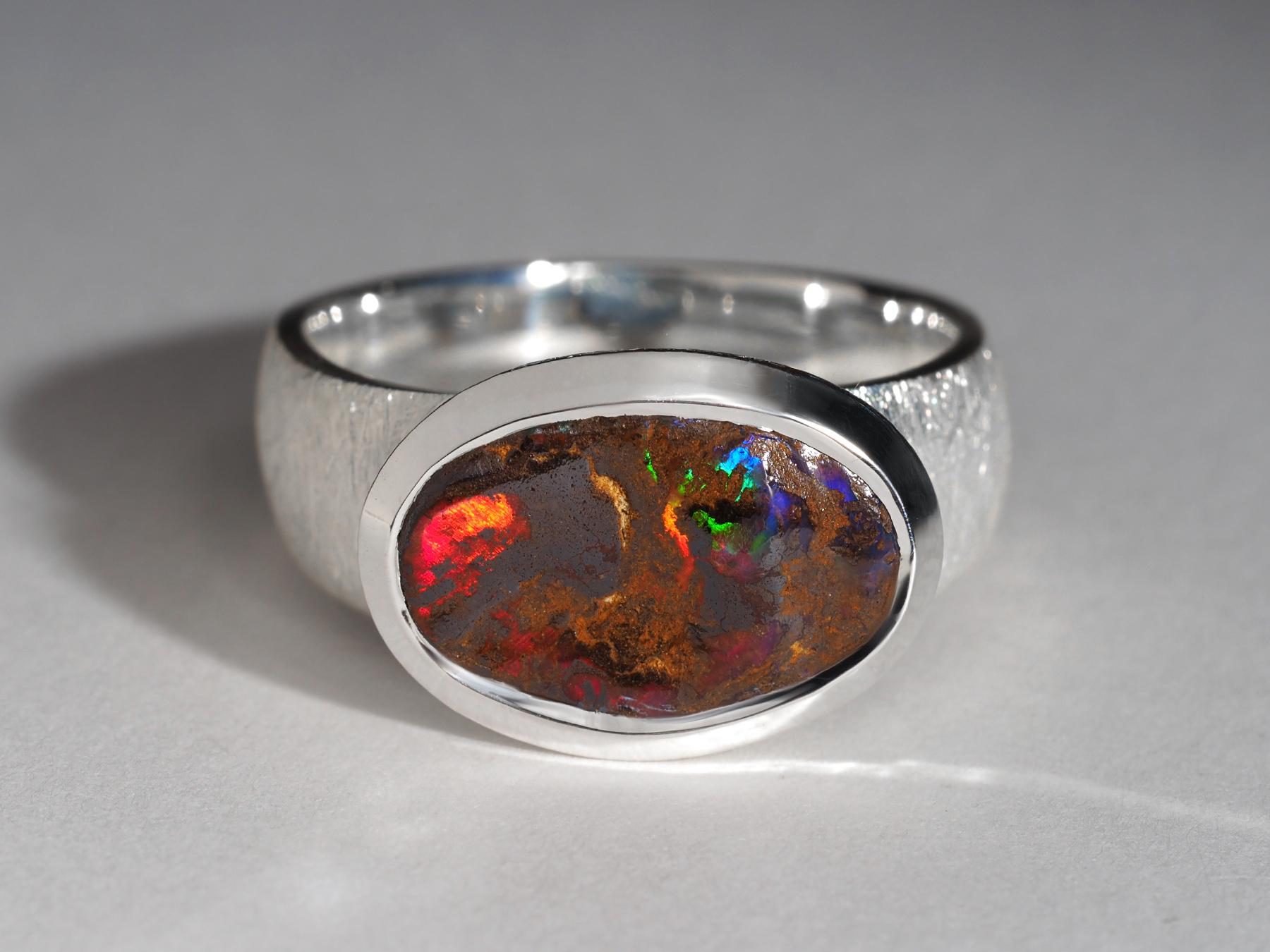 Artisan Red Boulder Opal silver ring Fine Opal Anniversary Gift wedding Ring 4.21 carat For Sale
