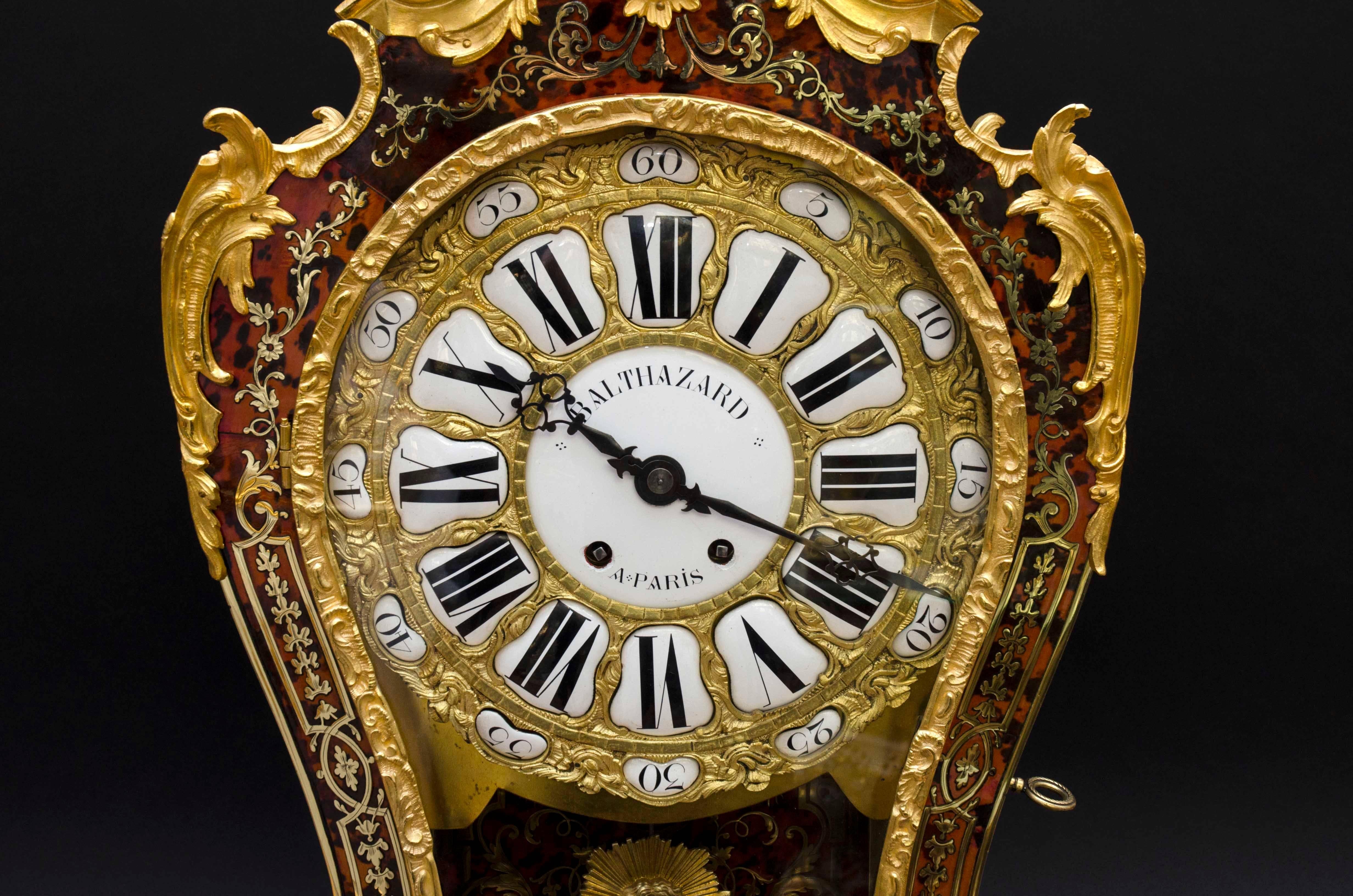 Louis XV Red Boulle Marquetry Cartel Clock, Balthazar Paris, 19th Century For Sale