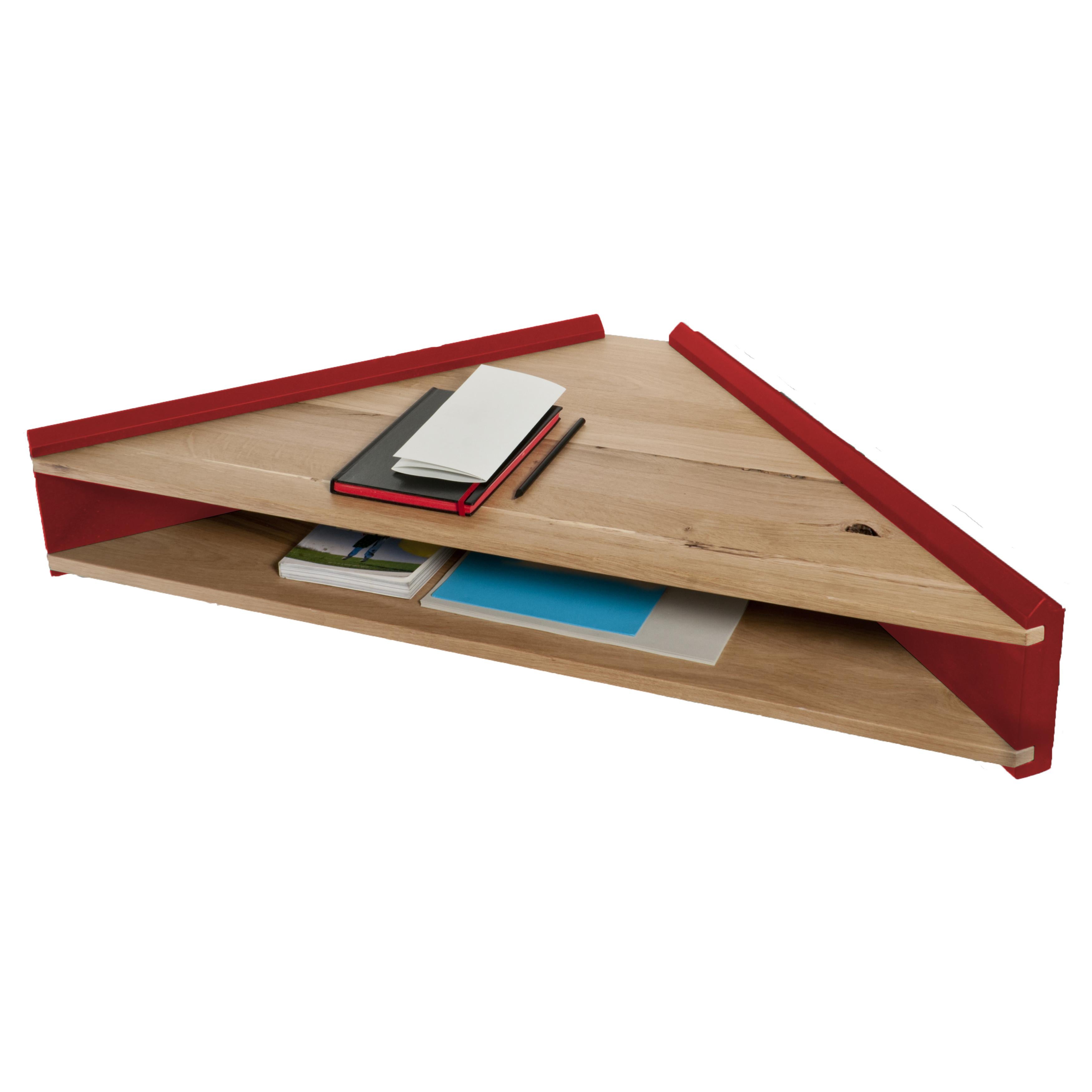 Red Briccola-ge Shelf by Colé Italia with Miki Astori
Dimensions: H.25; D.47 W.100
Materials: wall angular hanged writing desk; wall lacquered supports in wood pulp. 2 Solid oak shelves with antique style wood inserts 

Also available: red,