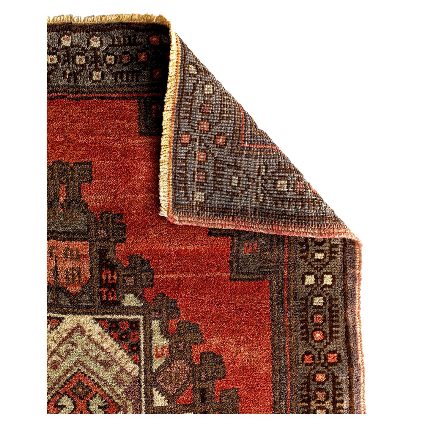 Mid-20th Century Red, Brown and Beige Handmade Wool Turkish Old Anatolian Konya Distressed Rug For Sale