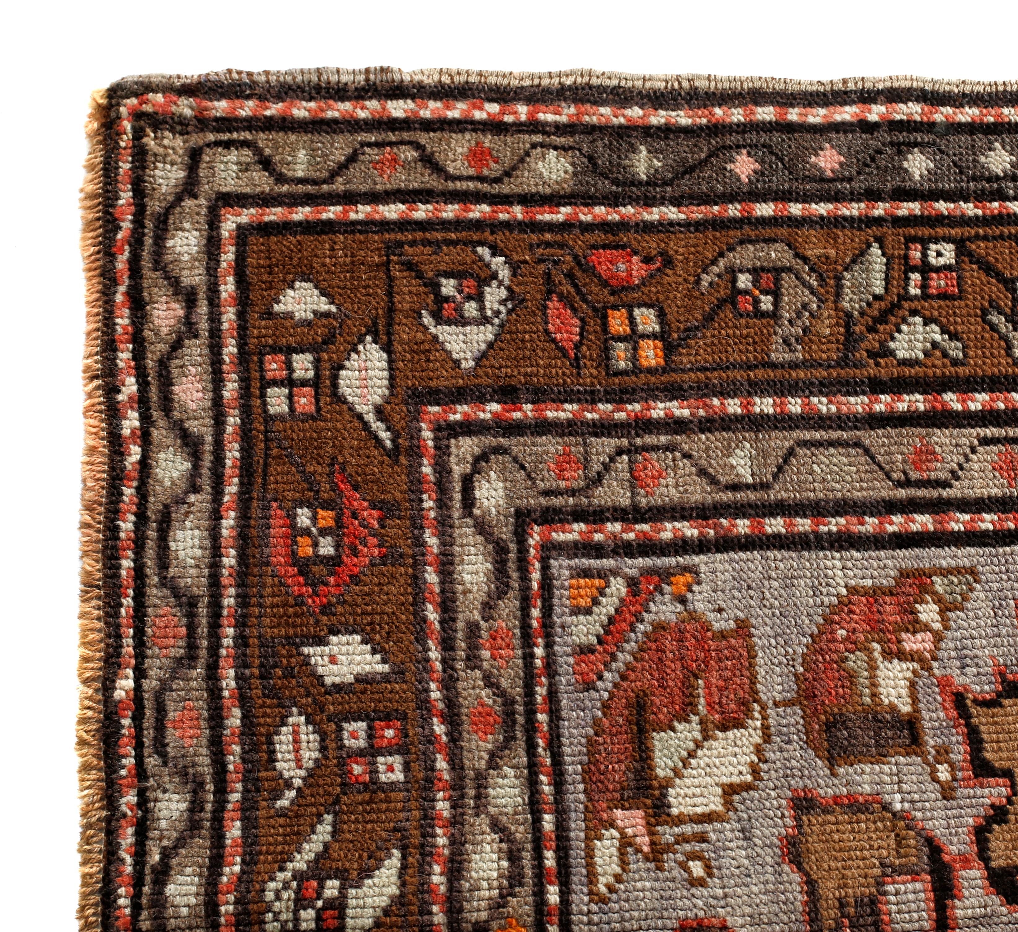 Oushak Red, Brown and Gray Handmade Wool Turkish Old Anatolian Konya Rug