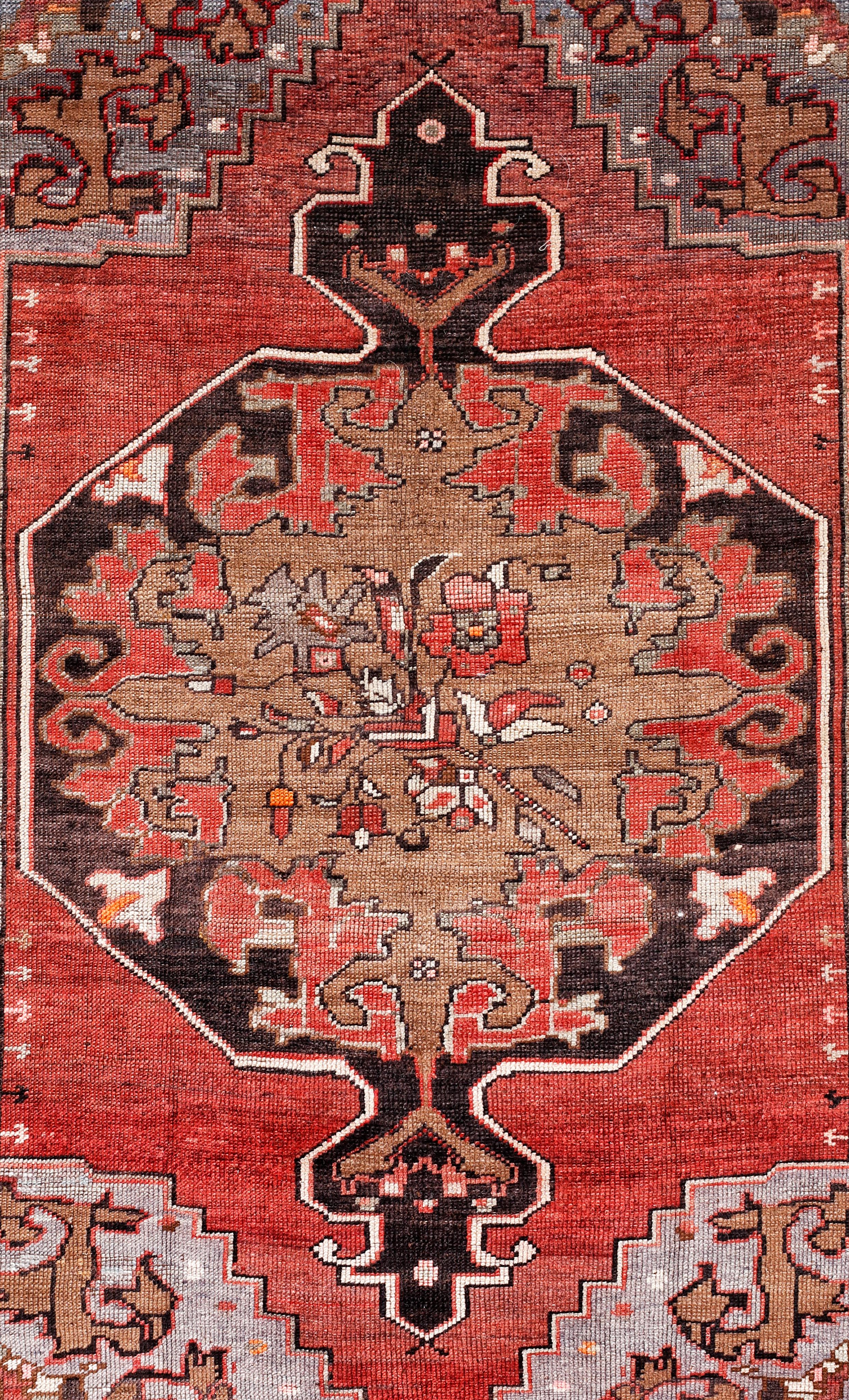 Hand-Knotted Red, Brown and Gray Handmade Wool Turkish Old Anatolian Konya Rug