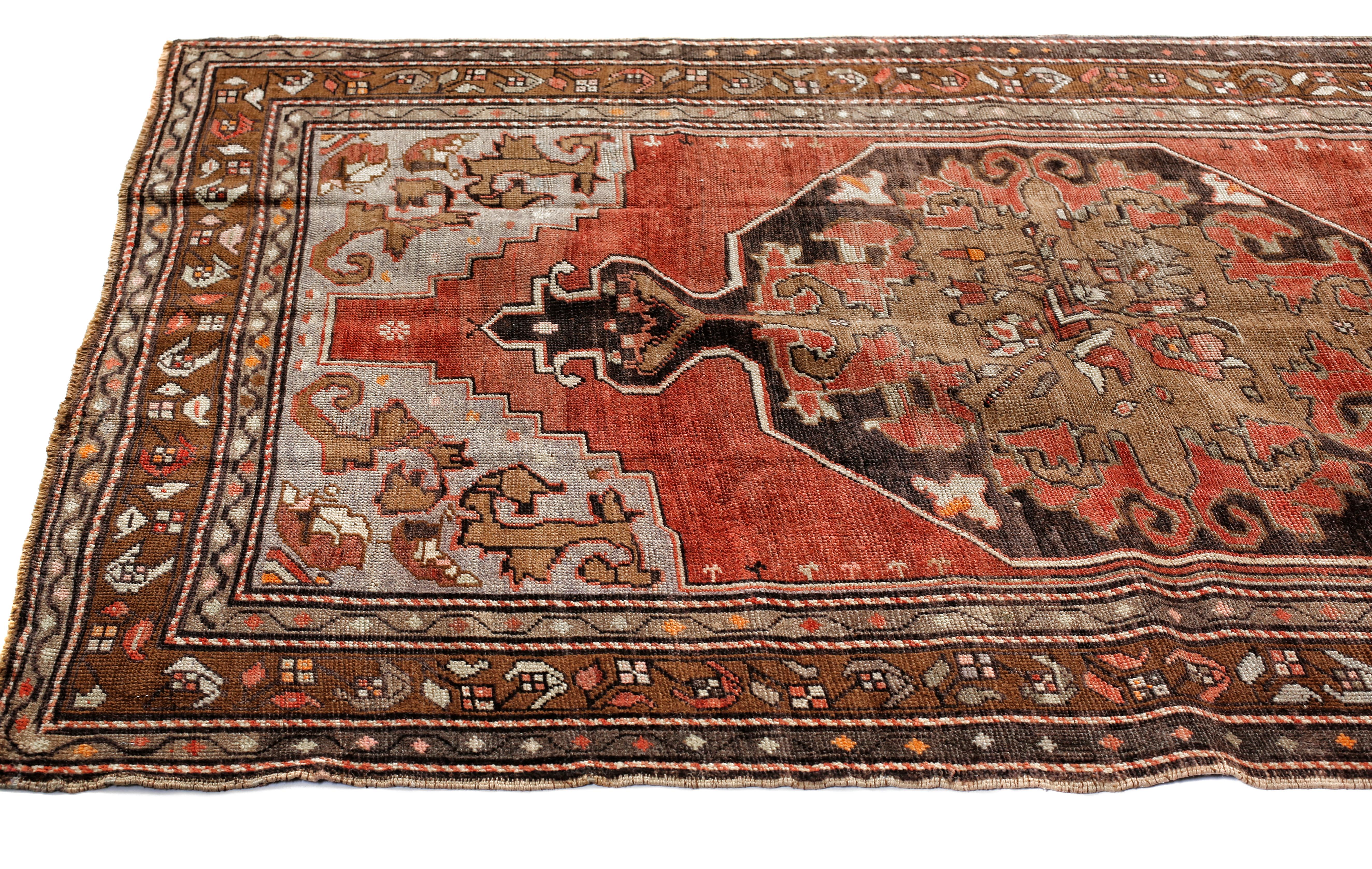 Red, Brown and Gray Handmade Wool Turkish Old Anatolian Konya Rug In Excellent Condition In North Bergen, NJ