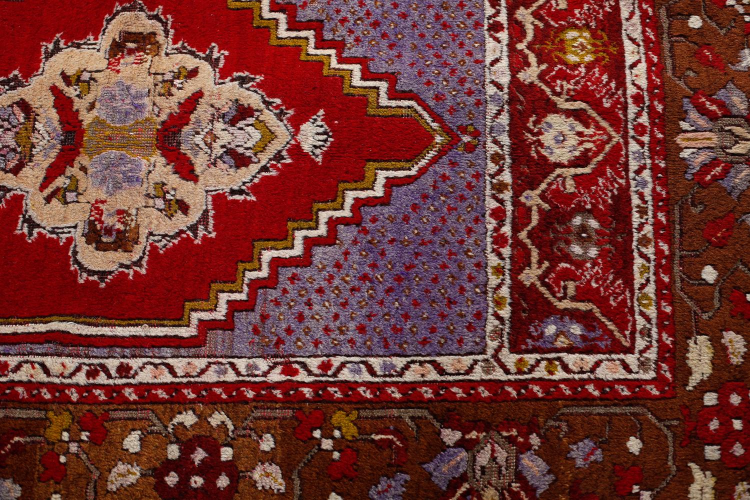 Oushak Red, Brown and Purple Handmade Wool Turkish Old Anatolian Konya Distressed Rug For Sale