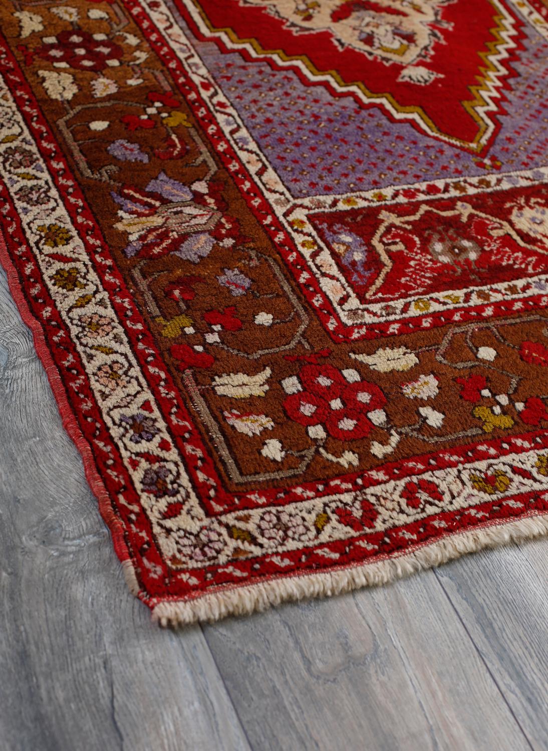Hand-Knotted Red, Brown and Purple Handmade Wool Turkish Old Anatolian Konya Distressed Rug For Sale
