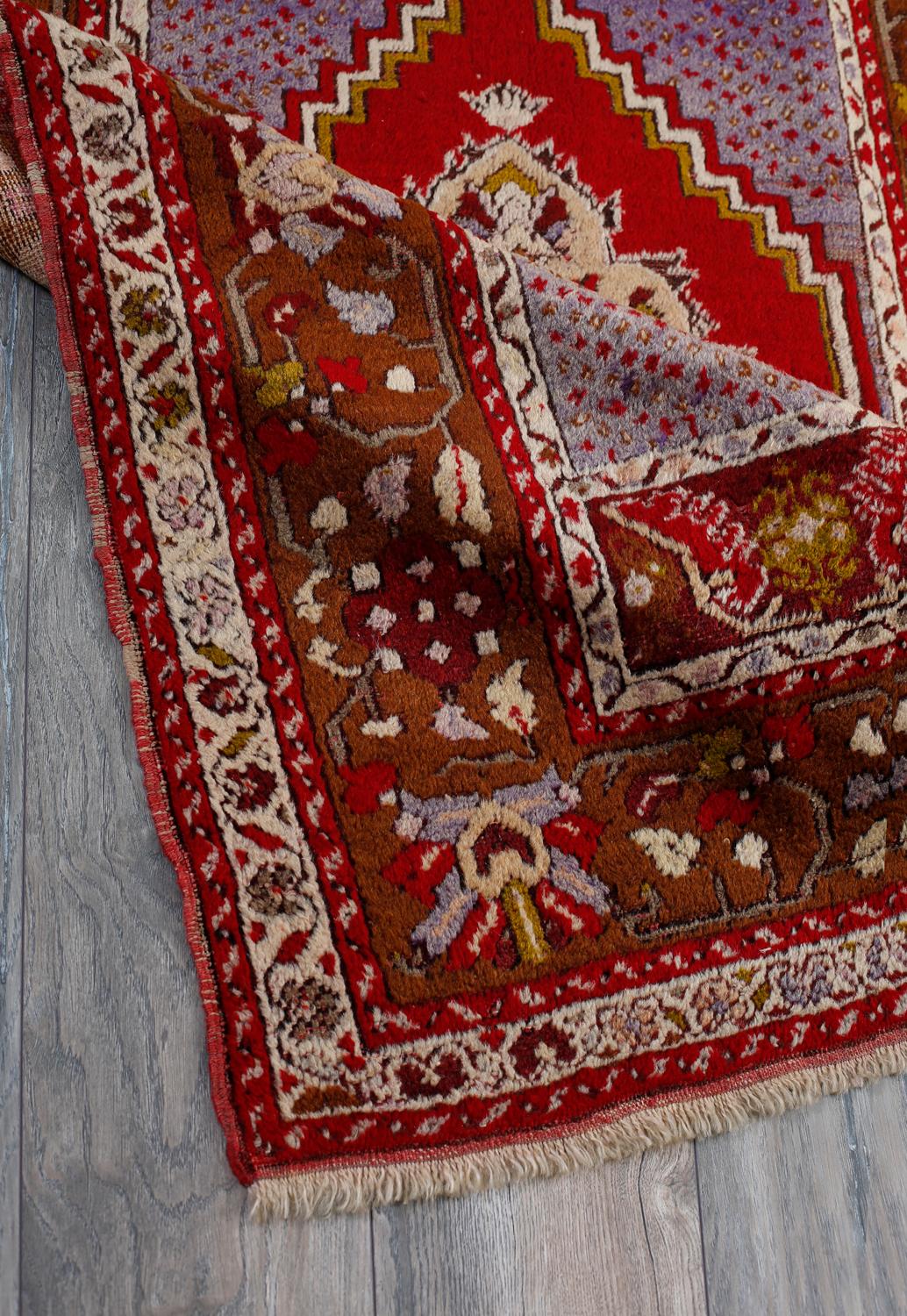 Red, Brown and Purple Handmade Wool Turkish Old Anatolian Konya Distressed Rug For Sale 1