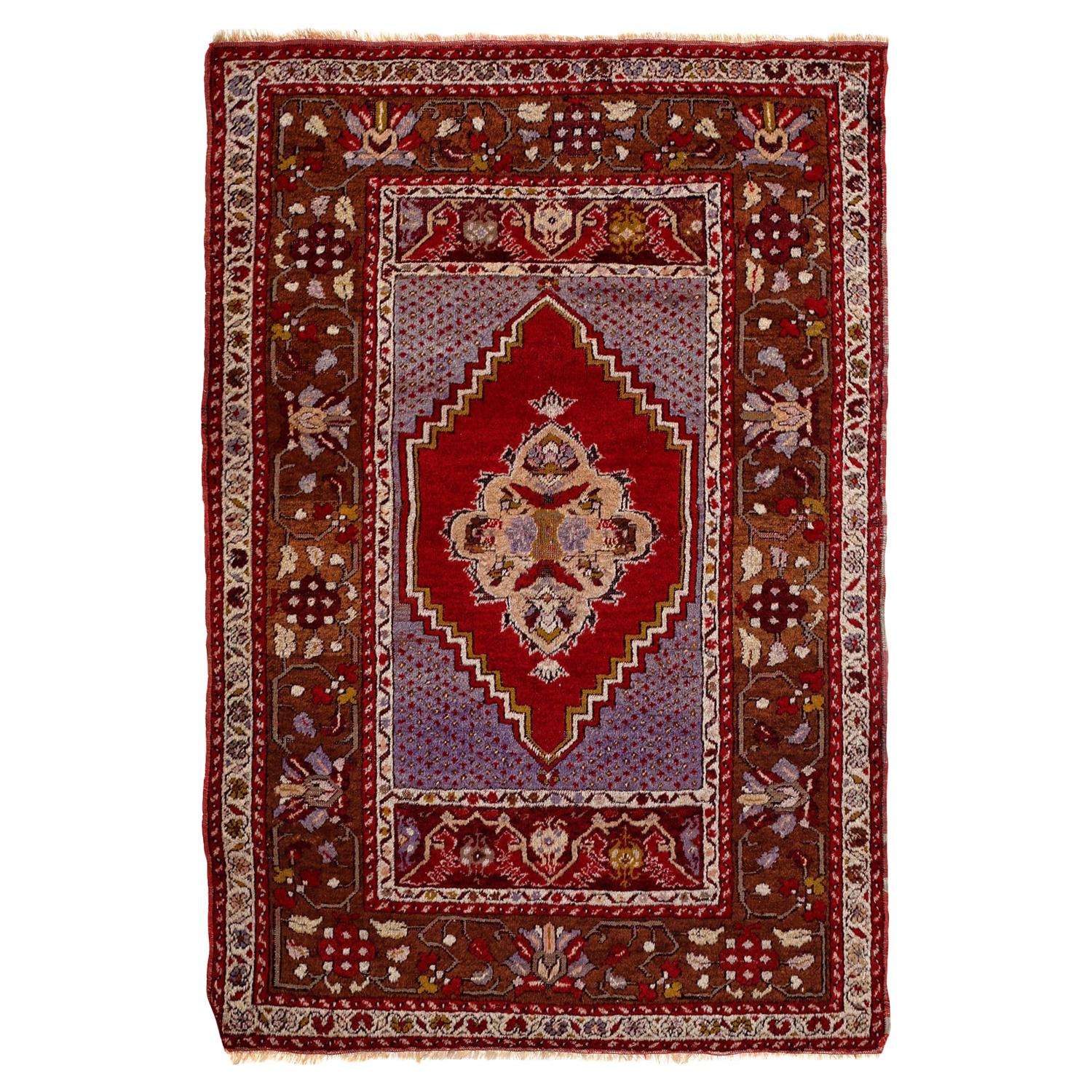 Red, Brown and Purple Handmade Wool Turkish Old Anatolian Konya Distressed Rug For Sale