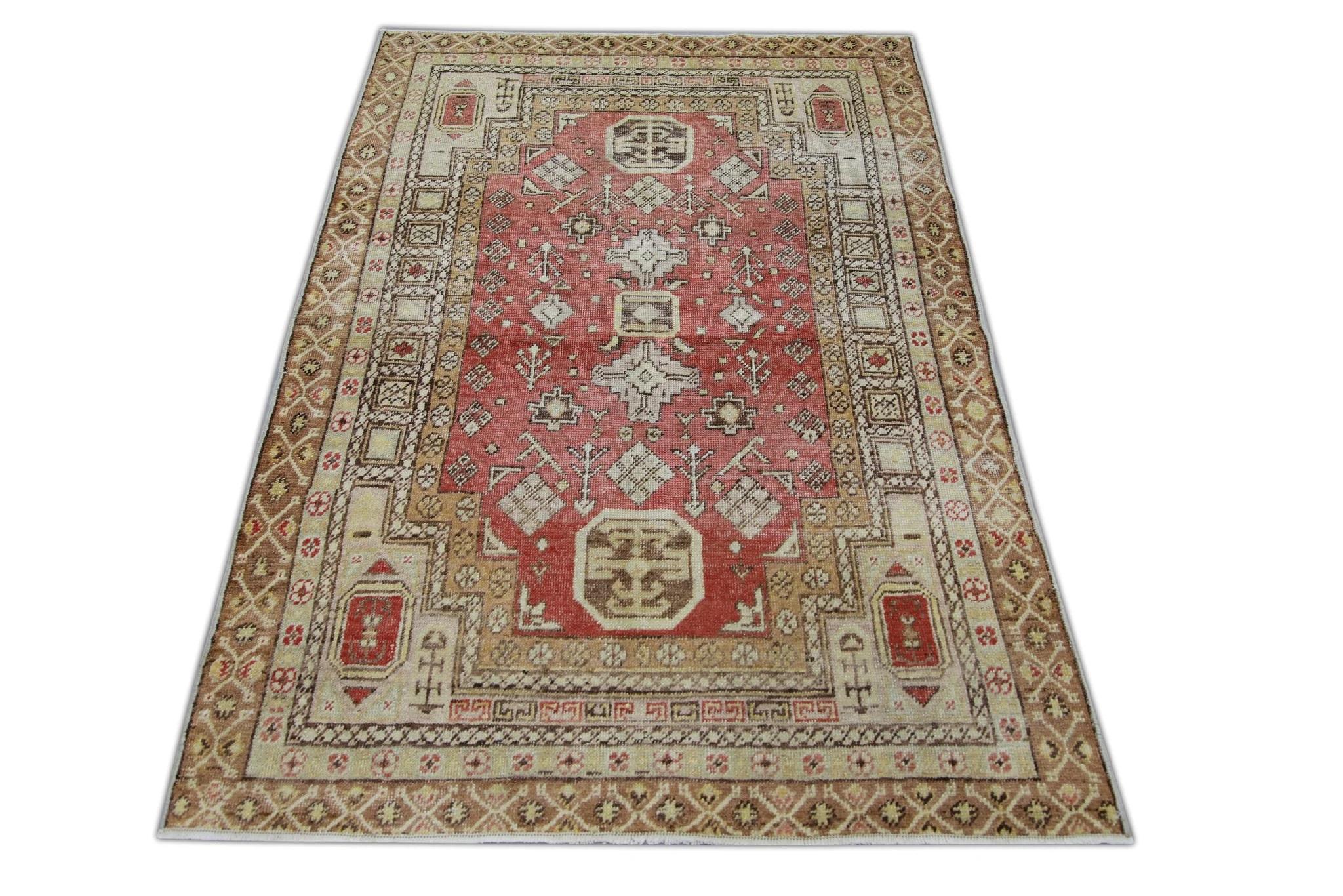 Contemporary Red & Brown Handwoven Wool Vintage Turkish Oushak Rug 3'10