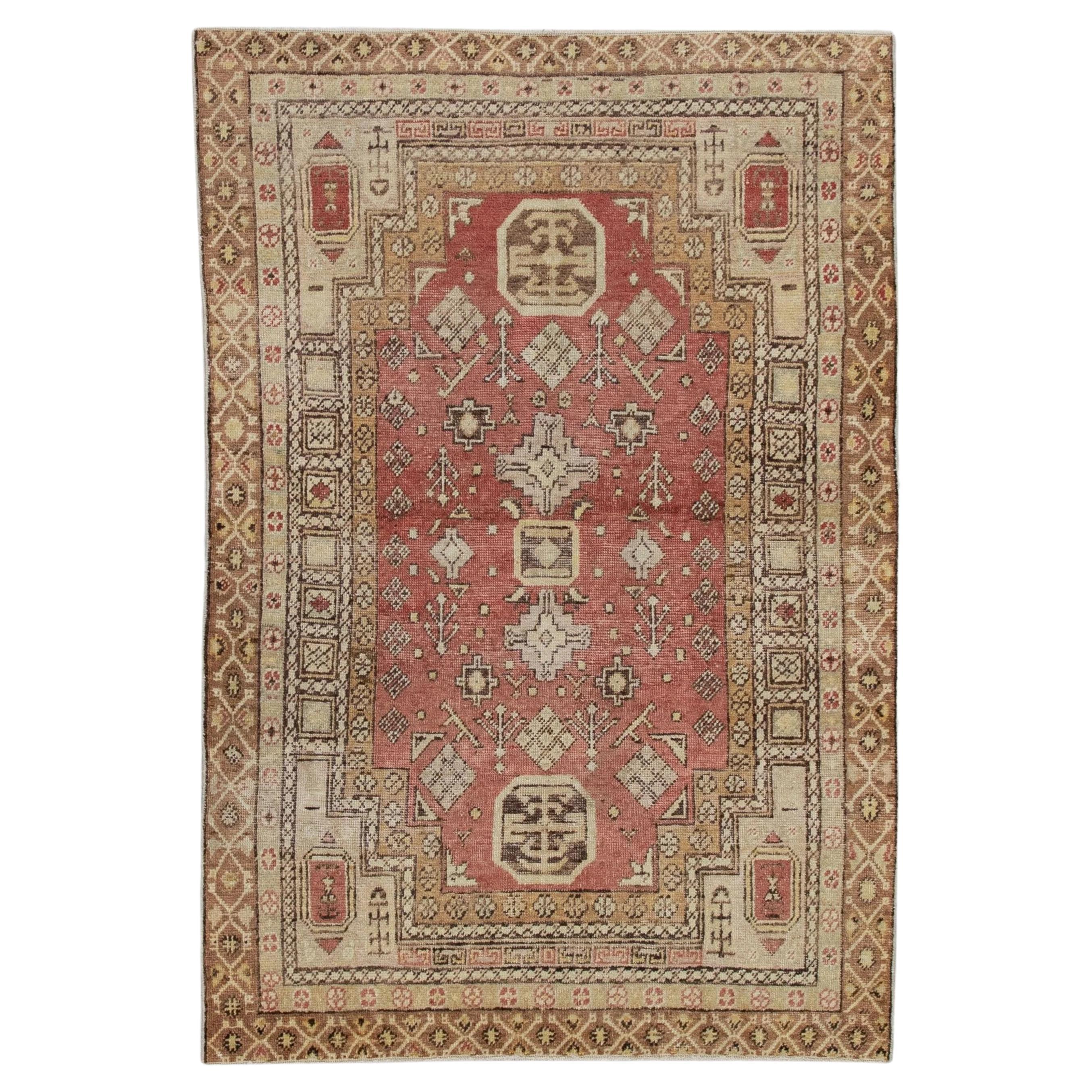 Red & Brown Handwoven Wool Vintage Turkish Oushak Rug 3'10" x 5'8" For Sale