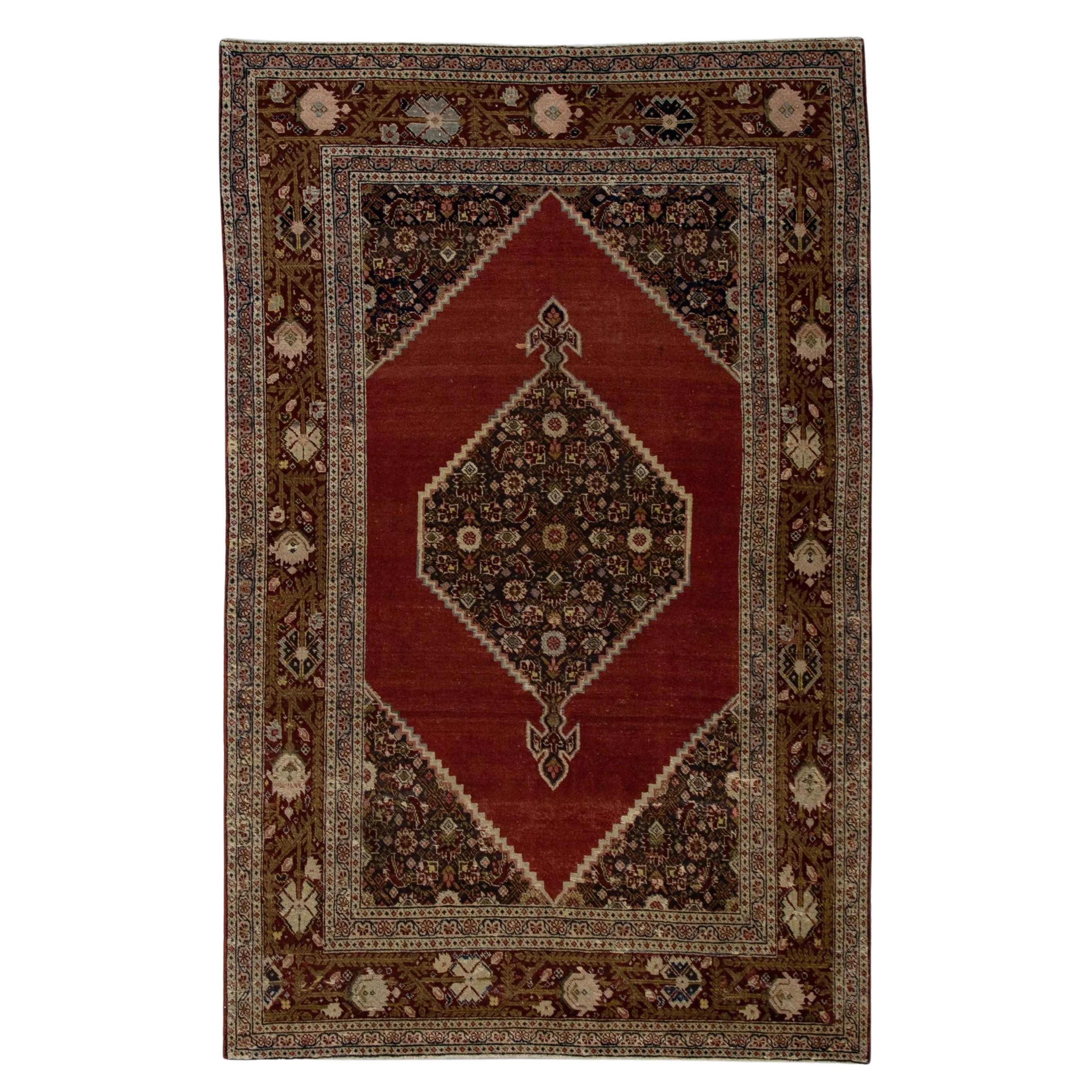 Red & Brown Handwoven Wool Vintage Turkish Oushak Rug 4'5" x 6'5" For Sale