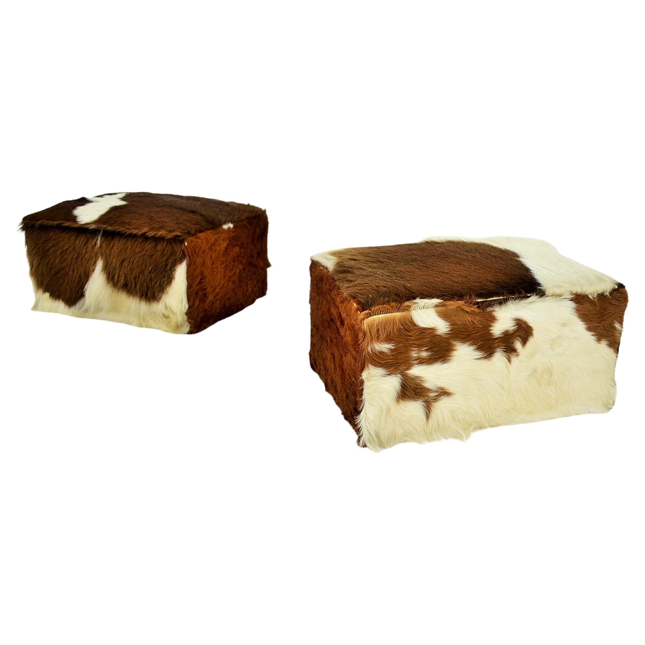  red brown leather cowhide footstools , poufs, 80s For Sale