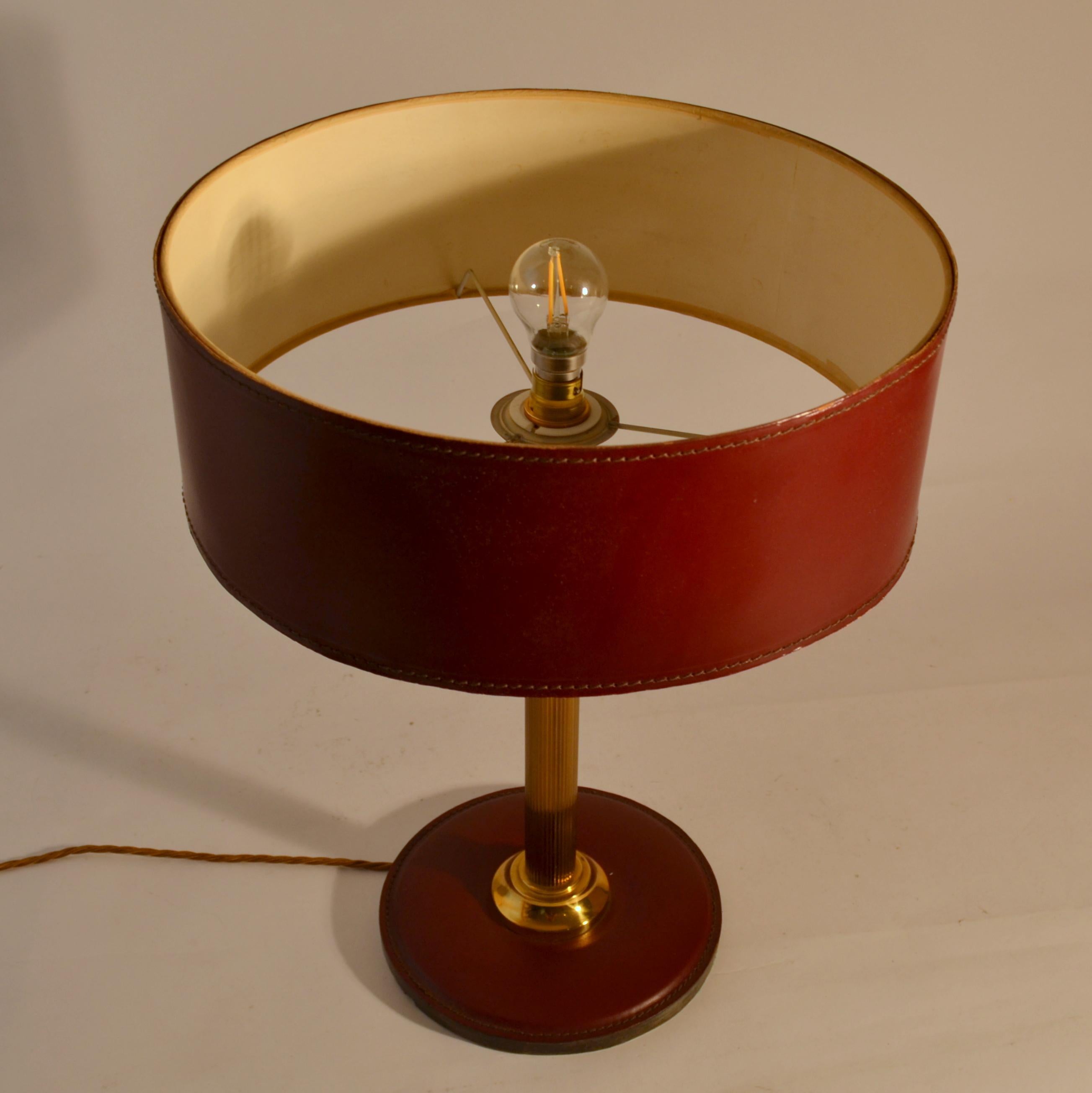 Mid-Century Modern Leather Table Lamp Attributed Adnet in Red Brown
