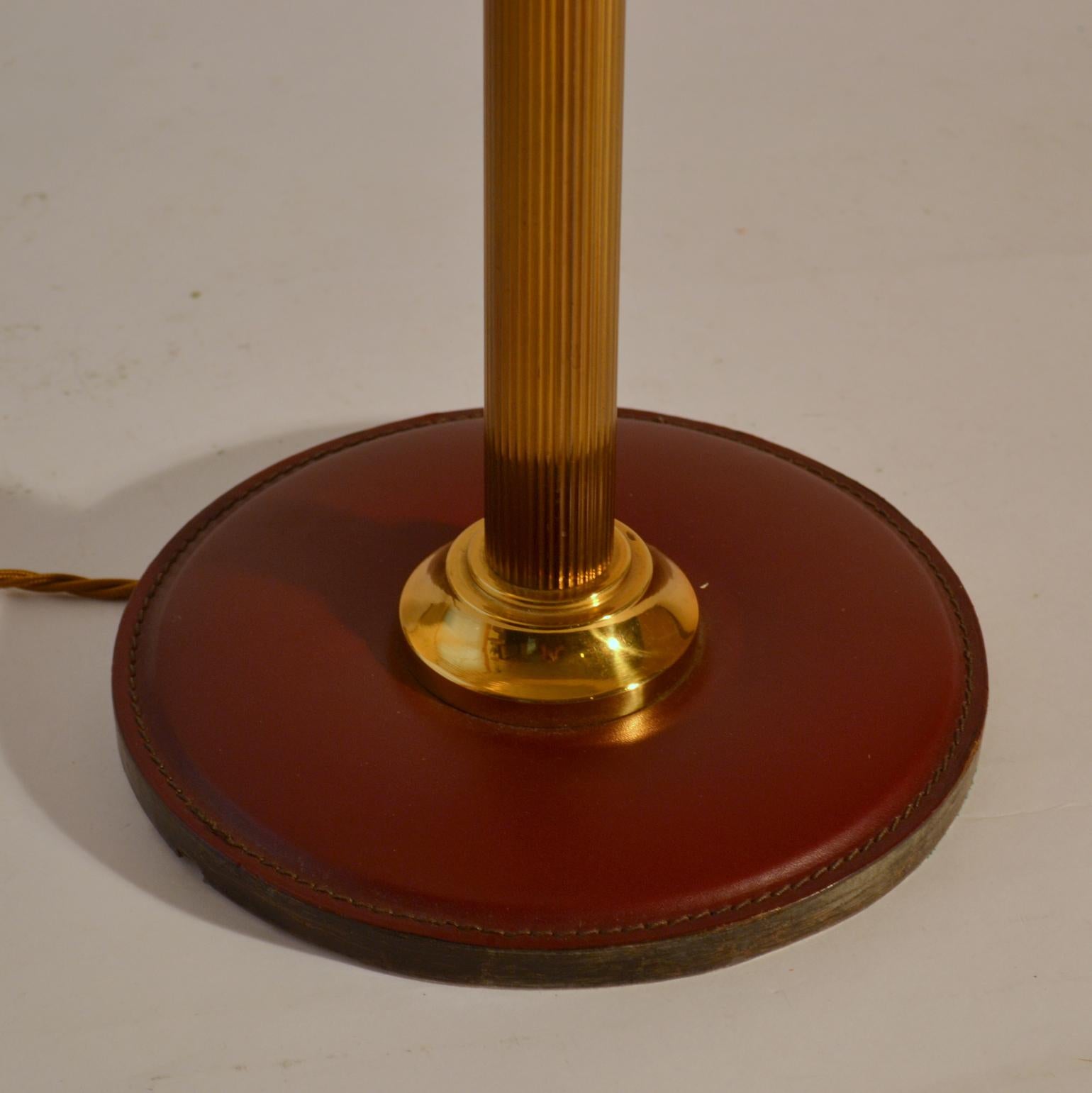 French Leather Table Lamp Attributed Adnet in Red Brown