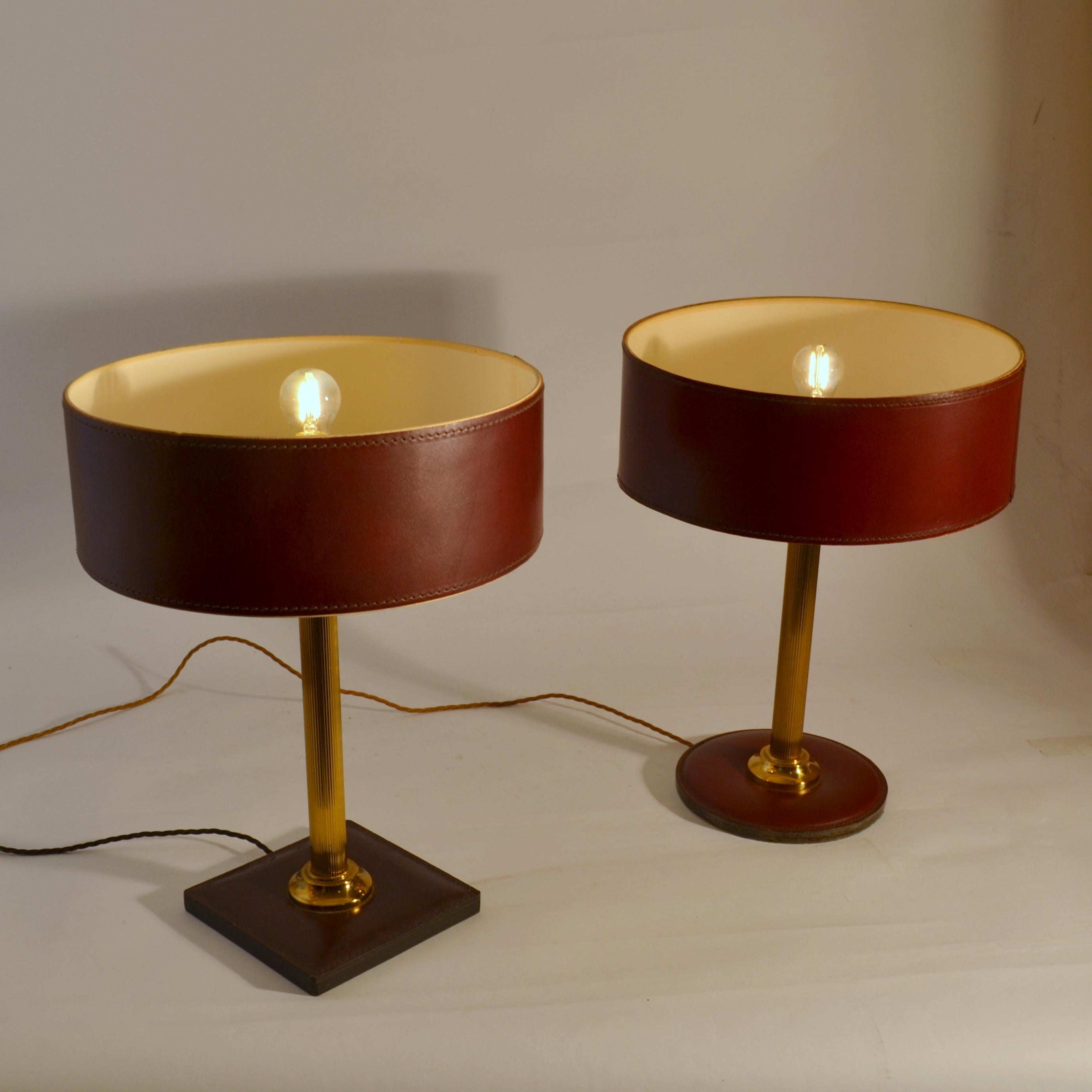Leather Table Lamp Attributed Adnet in Red Brown In Good Condition In London, GB