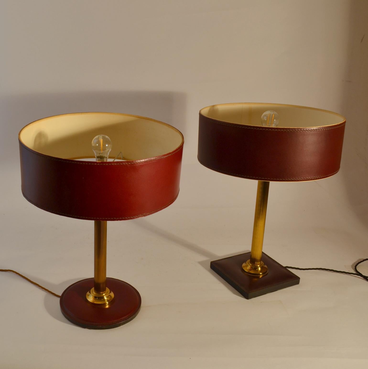Mid-20th Century Leather Table Lamp Attributed Adnet in Red Brown