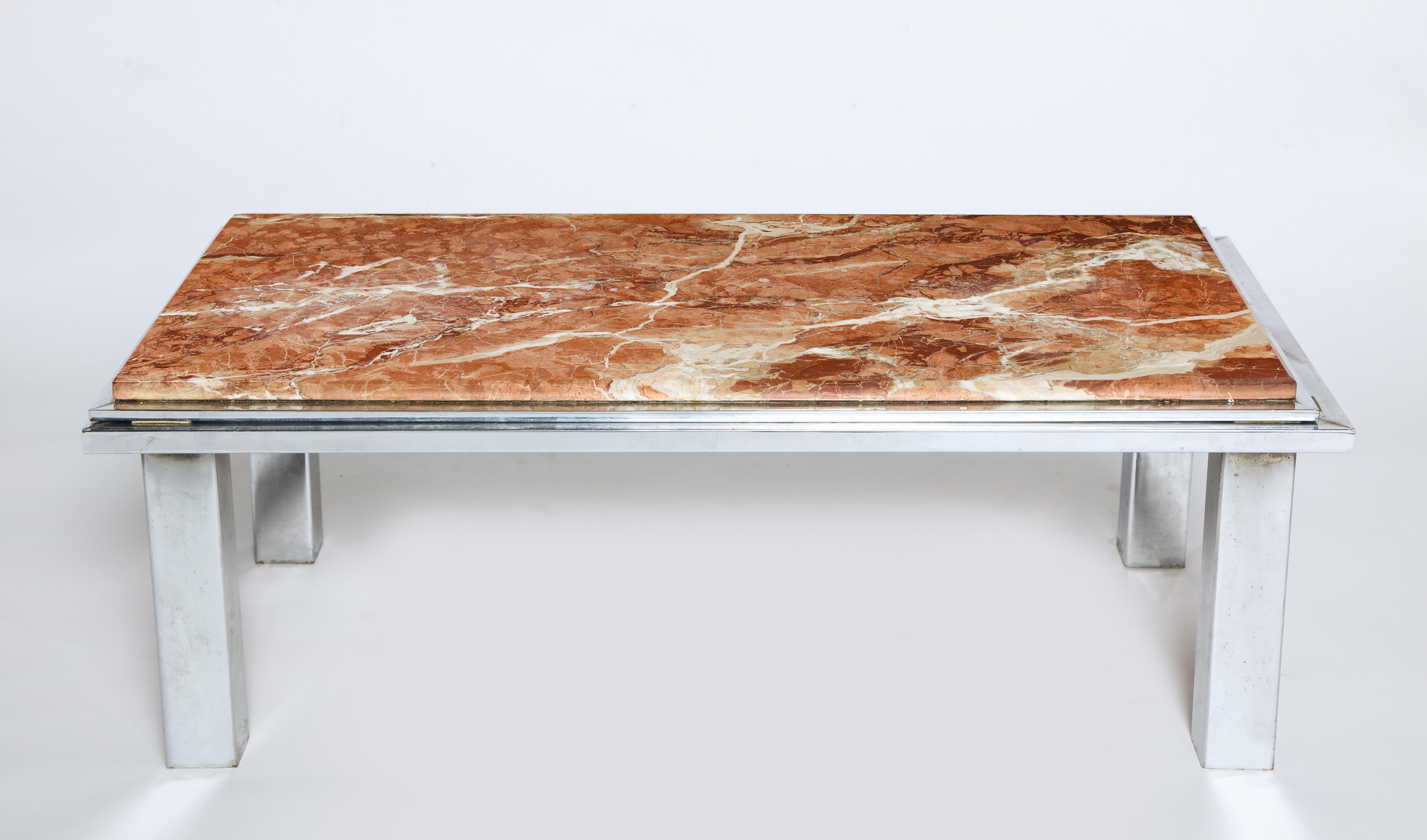Post-Modern Red Brown Marble and Chrome Coffee Table, France 1970s