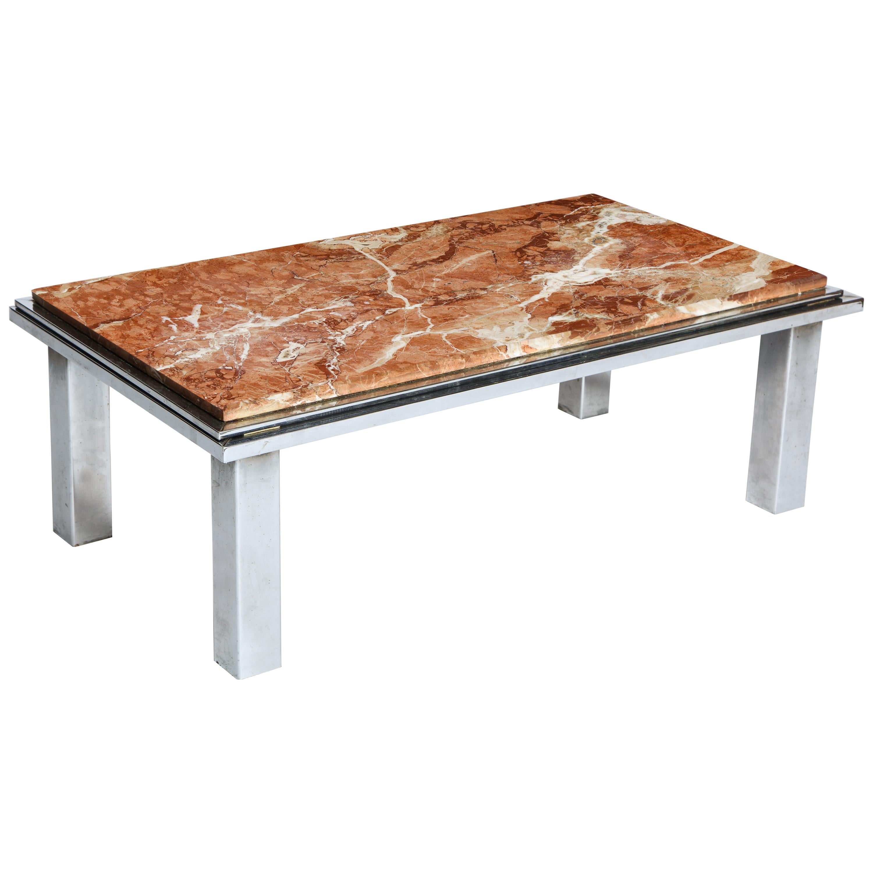 Red Brown Marble and Chrome Coffee Table, France 1970s