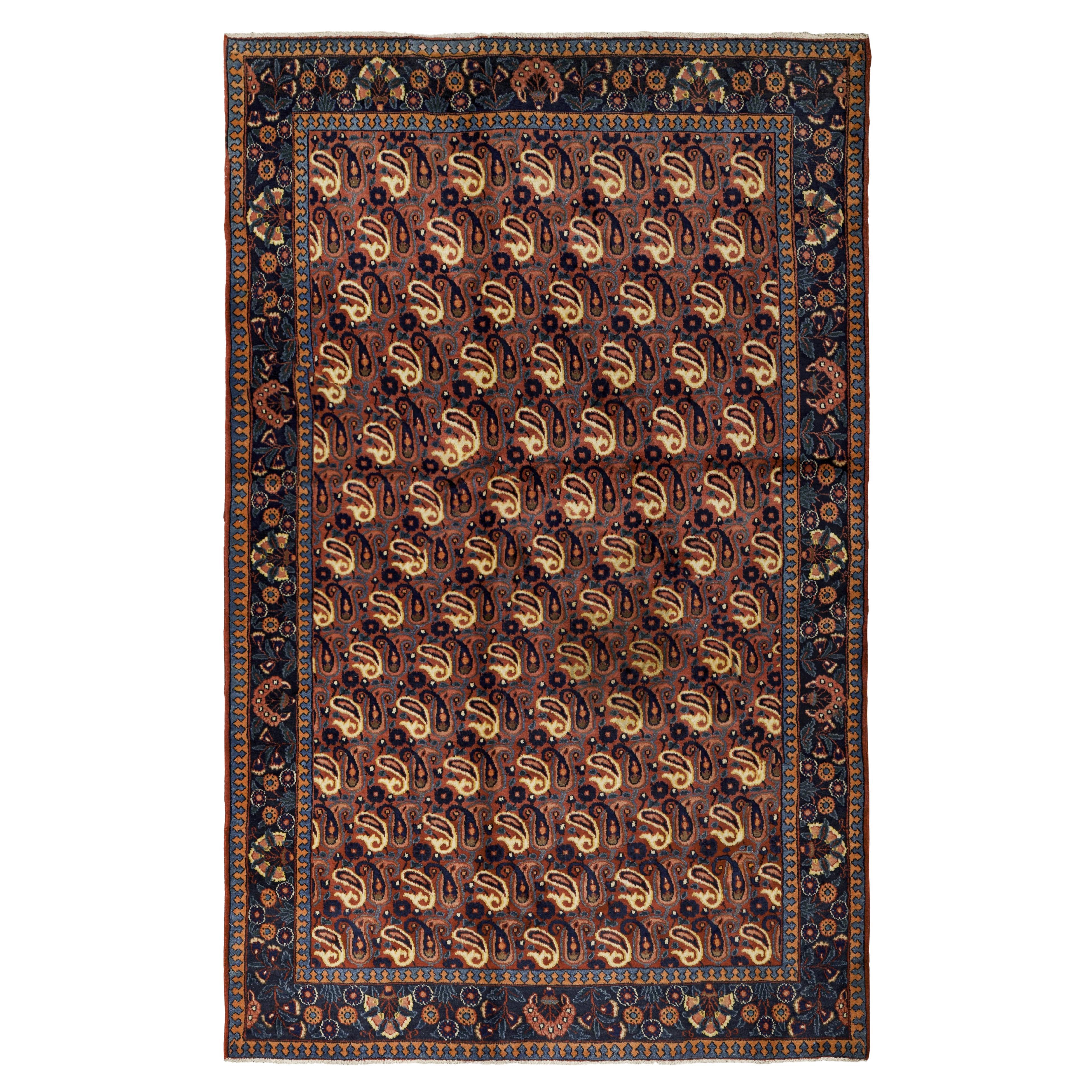 Tappeto rosso marrone in lana Mashhad annodato a mano 4 piedi x 6 piedi , Royal Boteh Tapestry in vendita