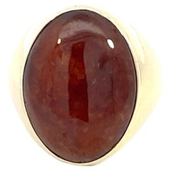 Vintage Red Brown Mottled Oval Cabochon Jade Ring in 14k Yellow Gold