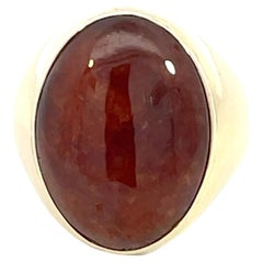 Red Brown Mottled Oval Cabochon Jade Ring in 14k Yellow Gold