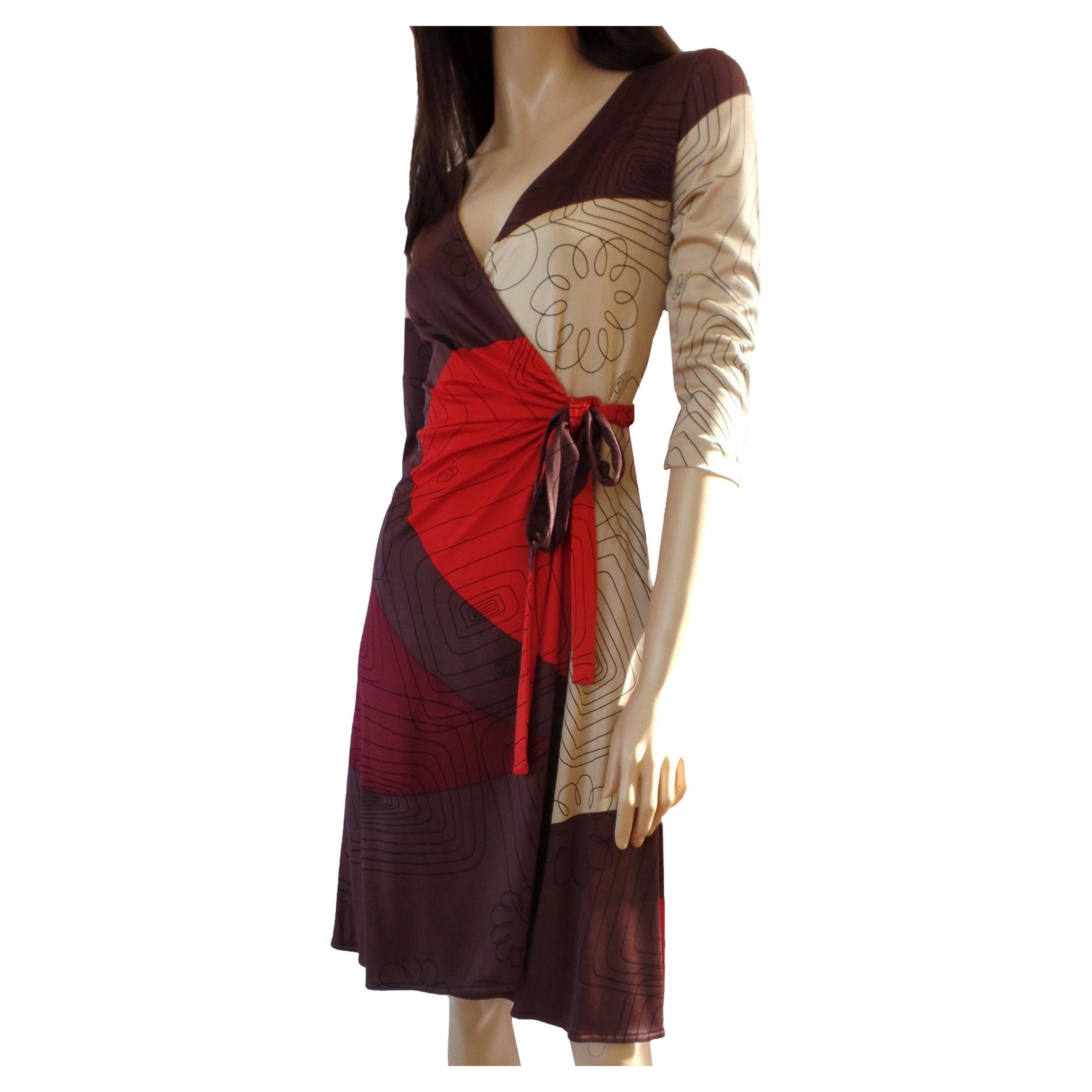 Red Brown Scribble Print Silk Wrap Dress NWT FLORA KUNG For Sale