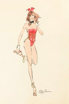 Red Bunny Drawing by Oleg Cassini for Playboy October 1979, Signed