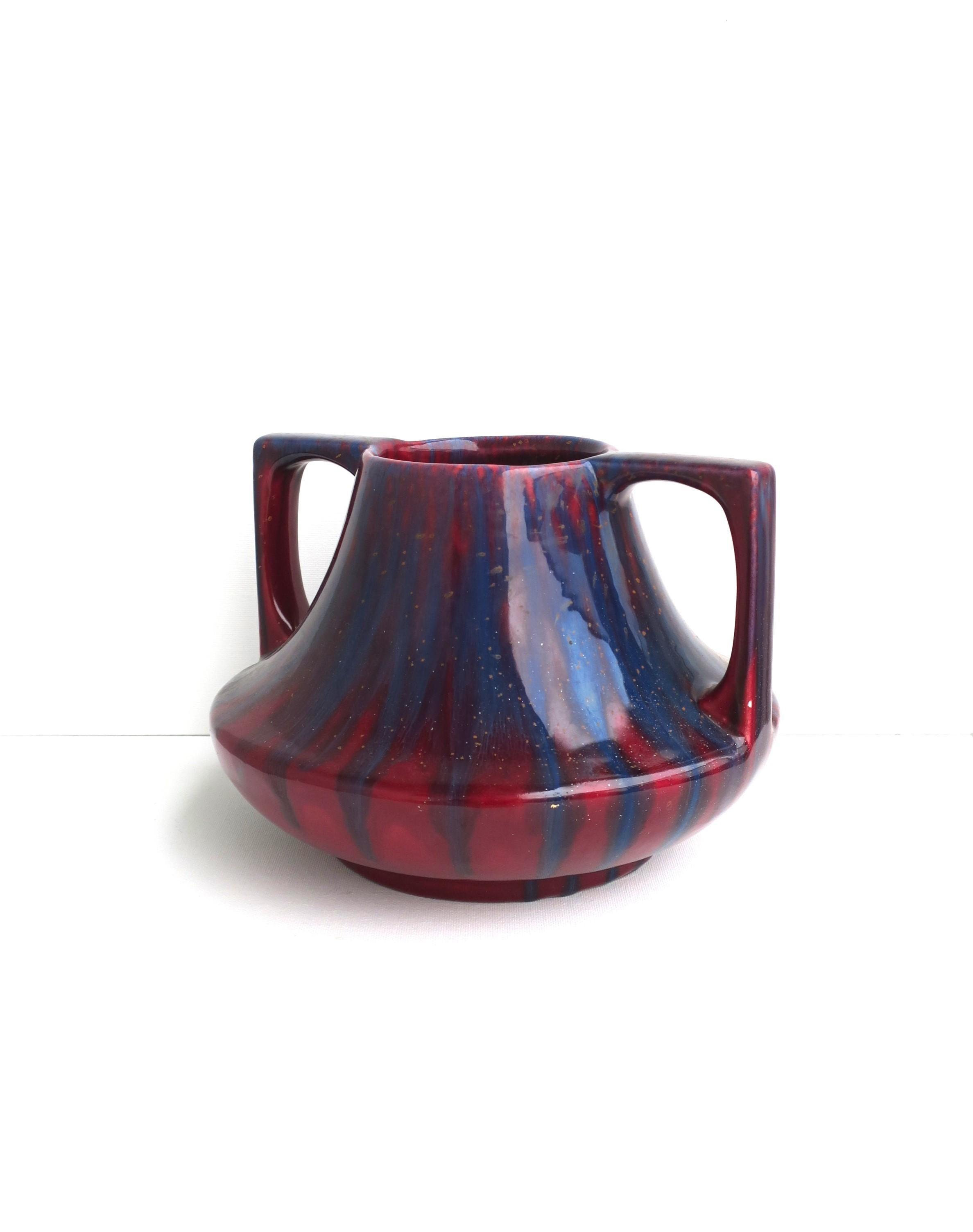 Mid-Century Modern Red Burgundy and Blue Ceramic Amphora Vase  For Sale