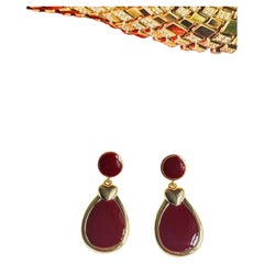 Red Burgundy Enamel Heart Love Elegant Modernist Water Drop Pierced Earrings