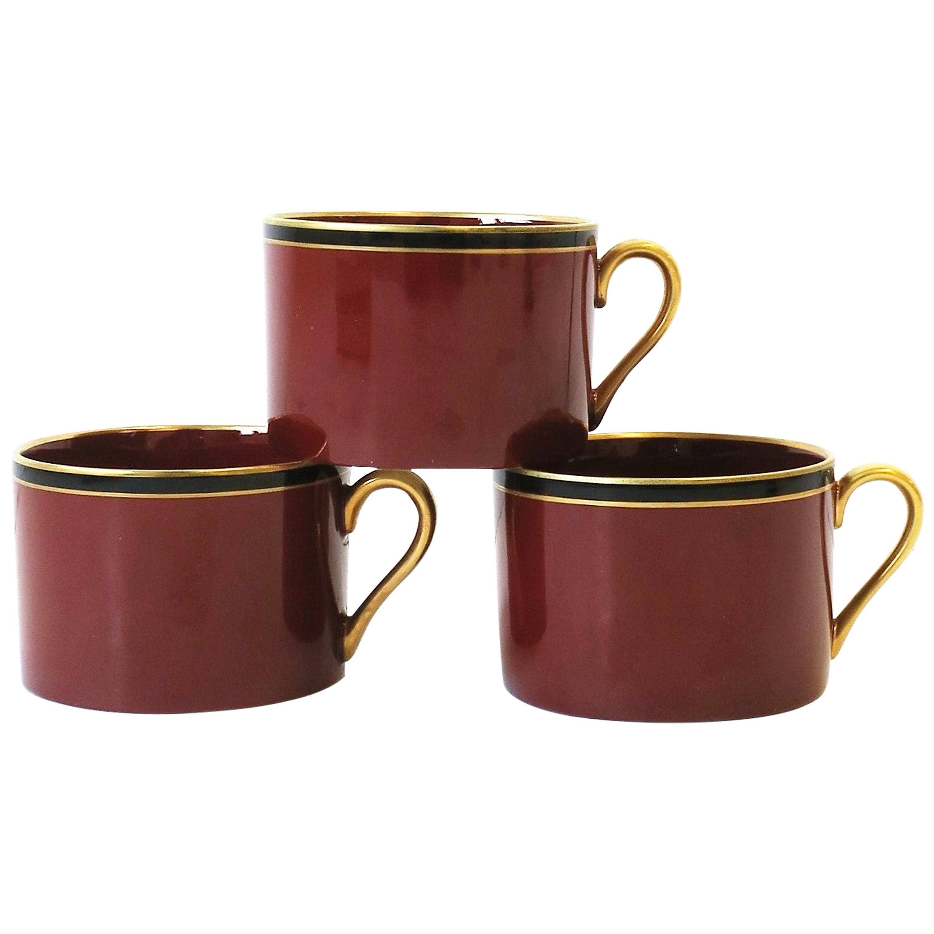 Tazas de café o té de porcelana roja burdeos, dorada y negra, juego de 3, 1967