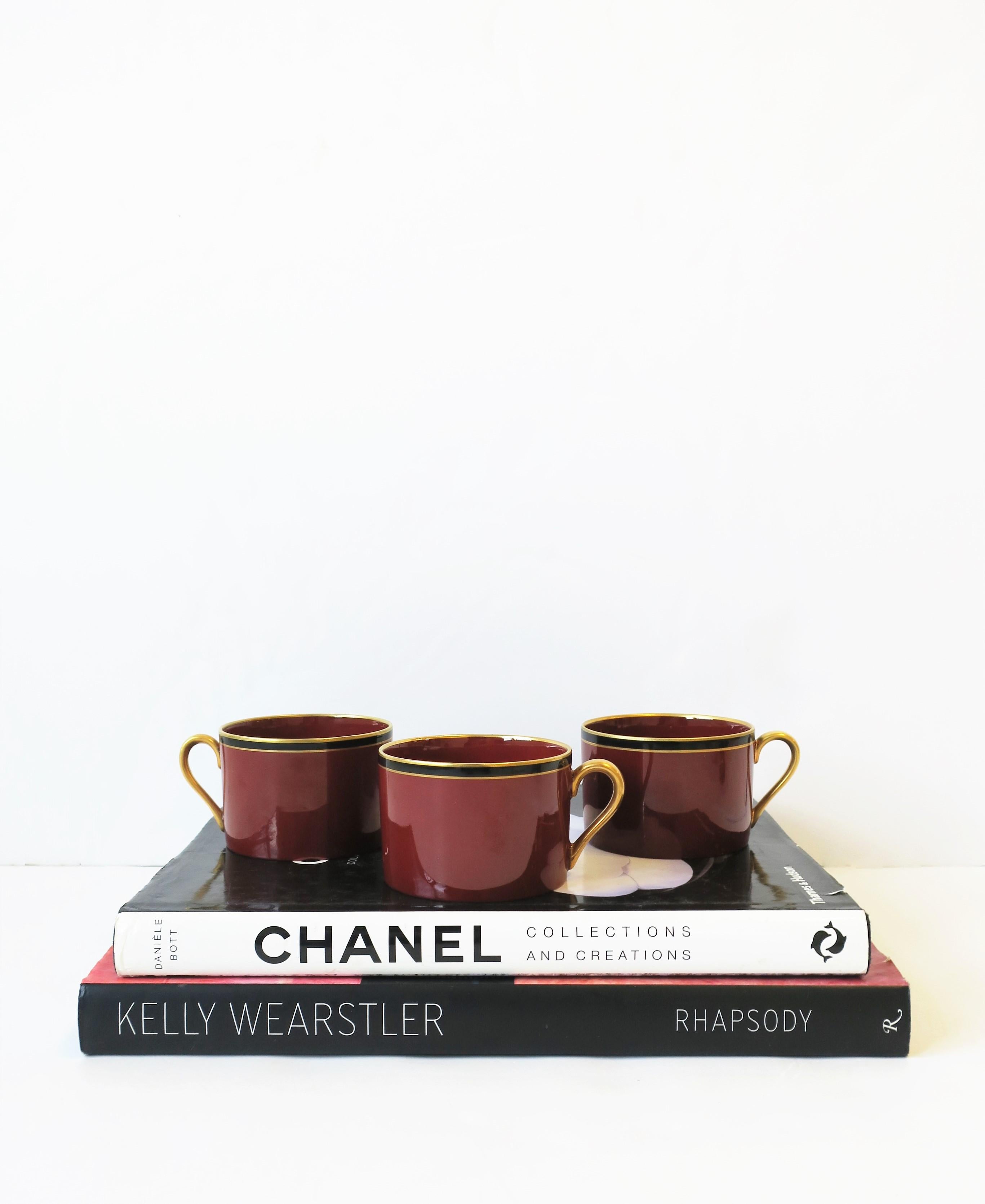 Modern Red Burgundy, Gold and Black Porcelain Coffee or Tea Cups, Set of 3, 1967 For Sale