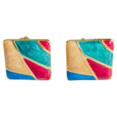 Red Burgundy Navy Green Brown Square Enamel Patchwork Handmade Clip Earrings