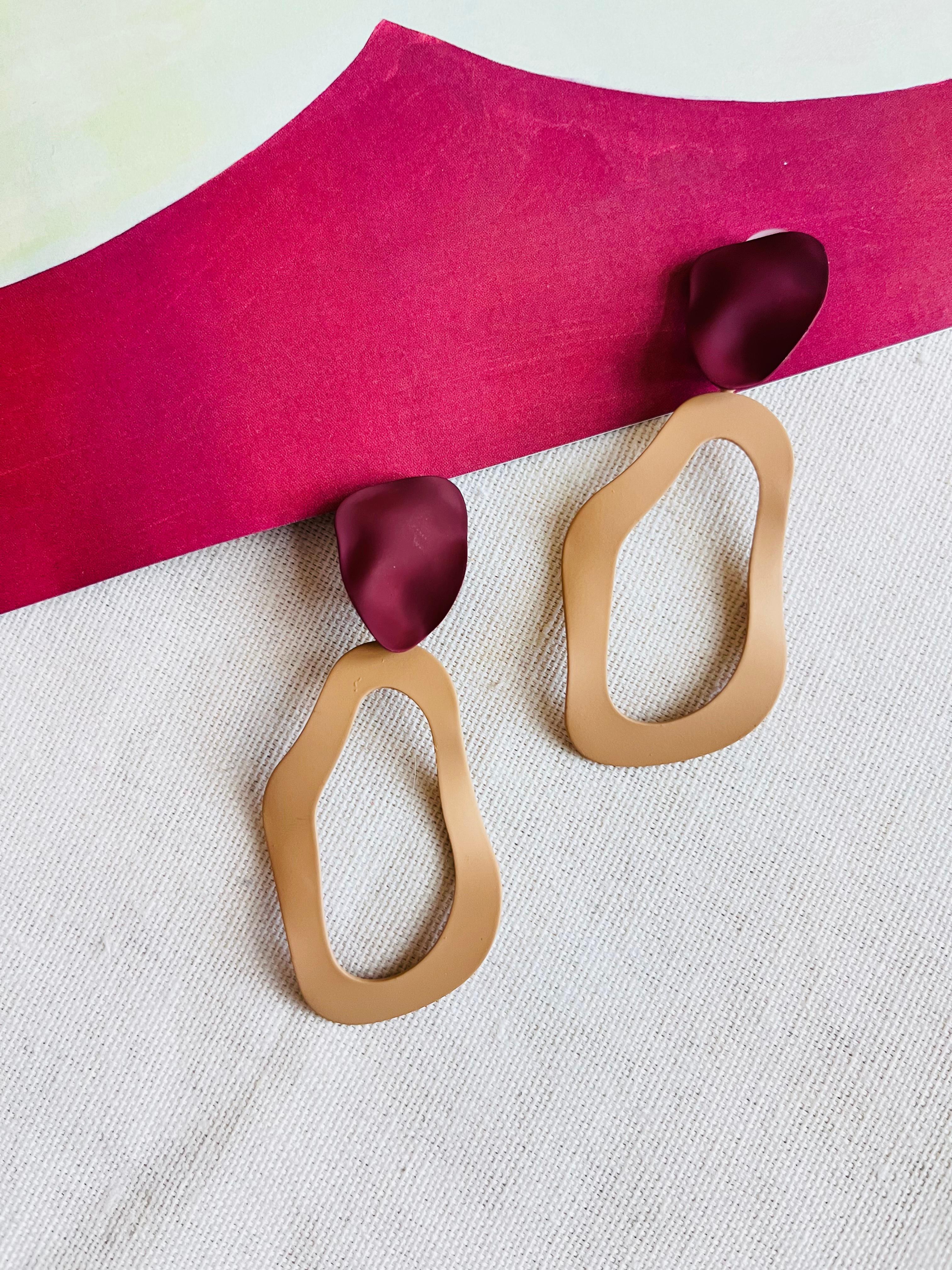 Art Deco Red Burgundy Petal Yellow Horseshoe Matte Elegant Long Drop Pierced Earrings For Sale