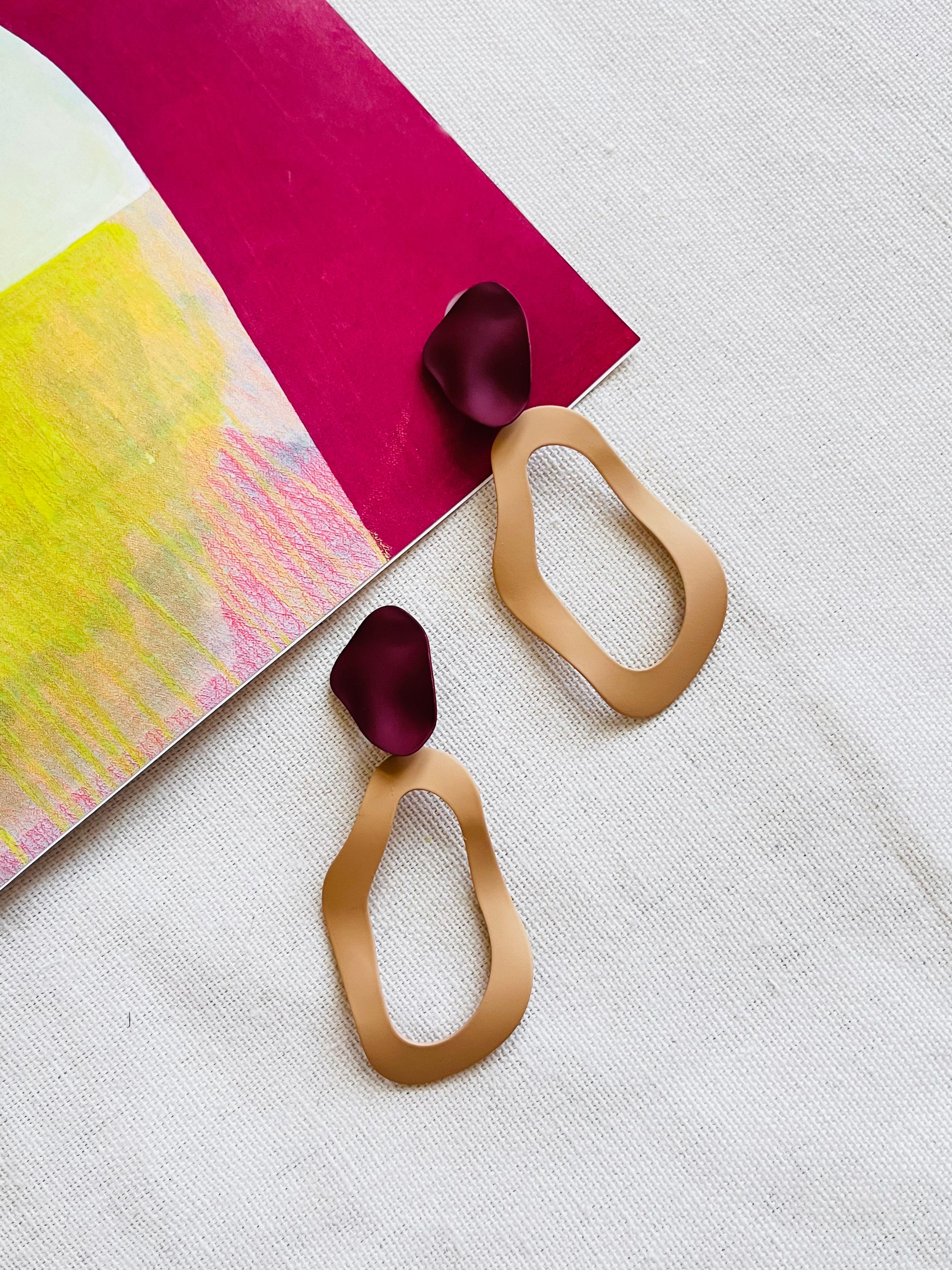 Red Burgundy Petal Yellow Horseshoe Matte Elegant Long Drop Pierced Earrings In New Condition For Sale In Wokingham, England