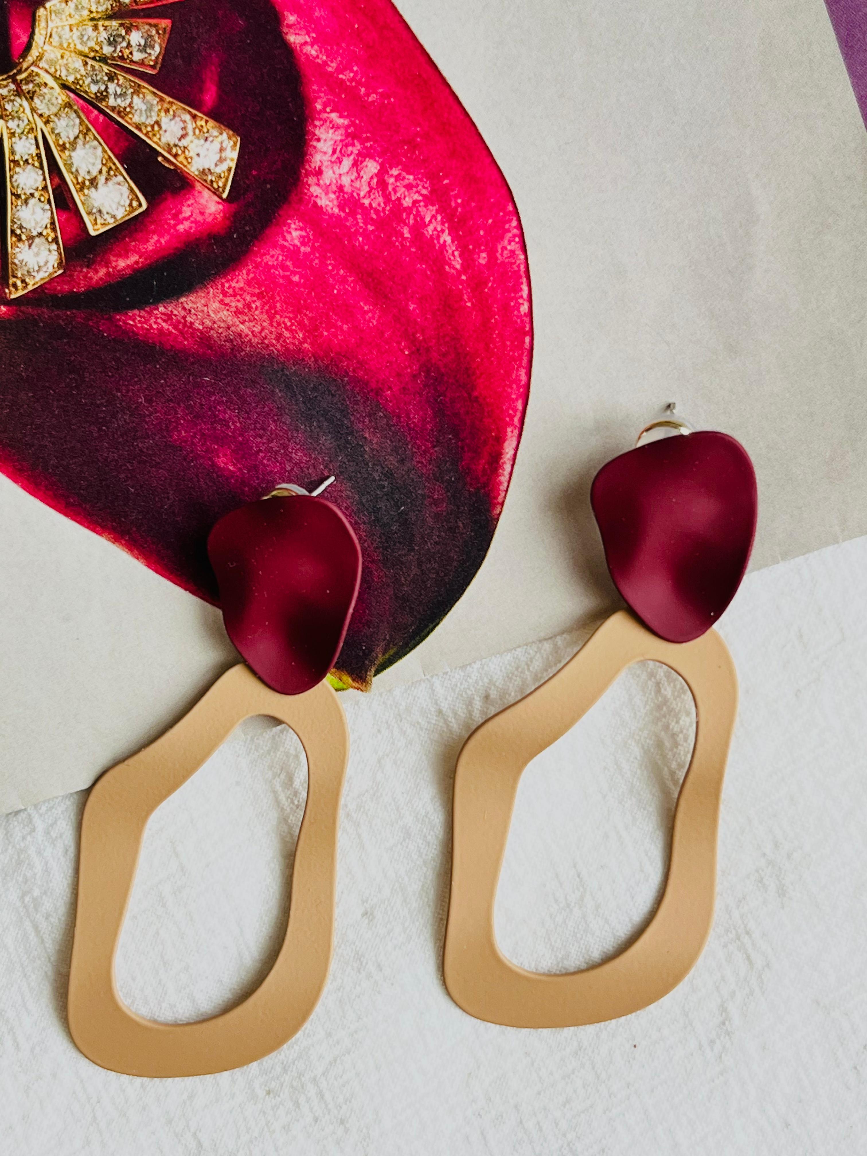 Women's or Men's Red Burgundy Petal Yellow Horseshoe Matte Elegant Long Drop Pierced Earrings For Sale